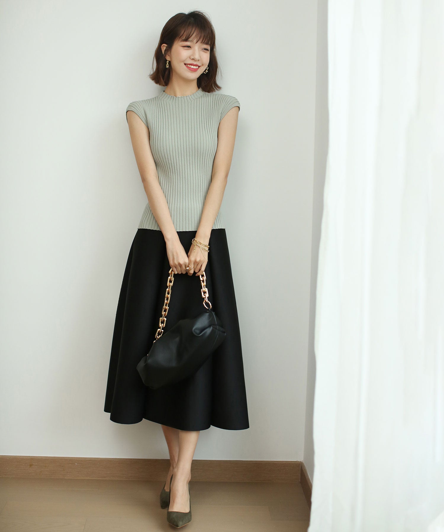 フレンチスリーブリブ切替サマーニットトップスxyf9299 ミント