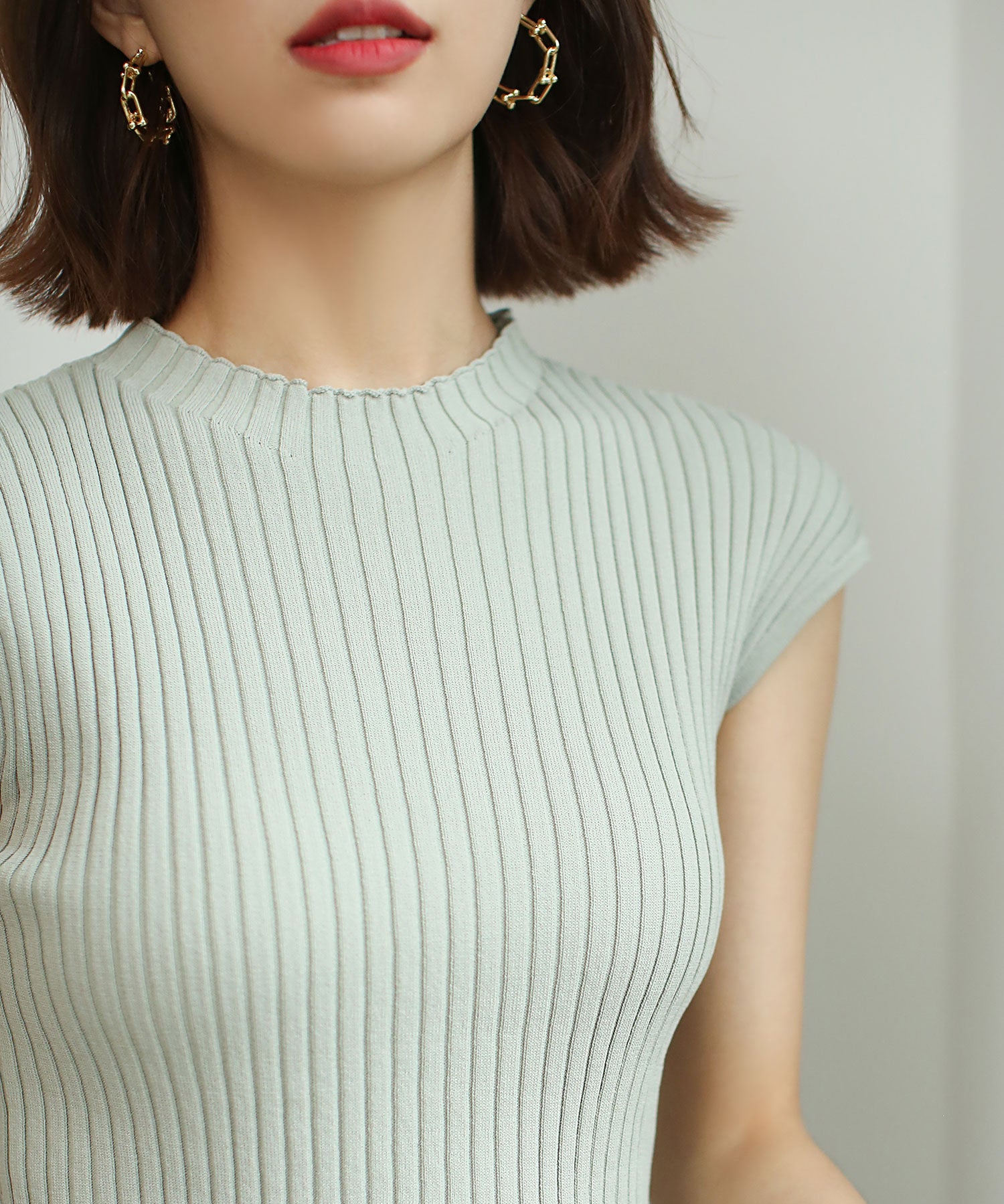 フレンチスリーブリブ切替サマーニットトップスxyf9299 ミント