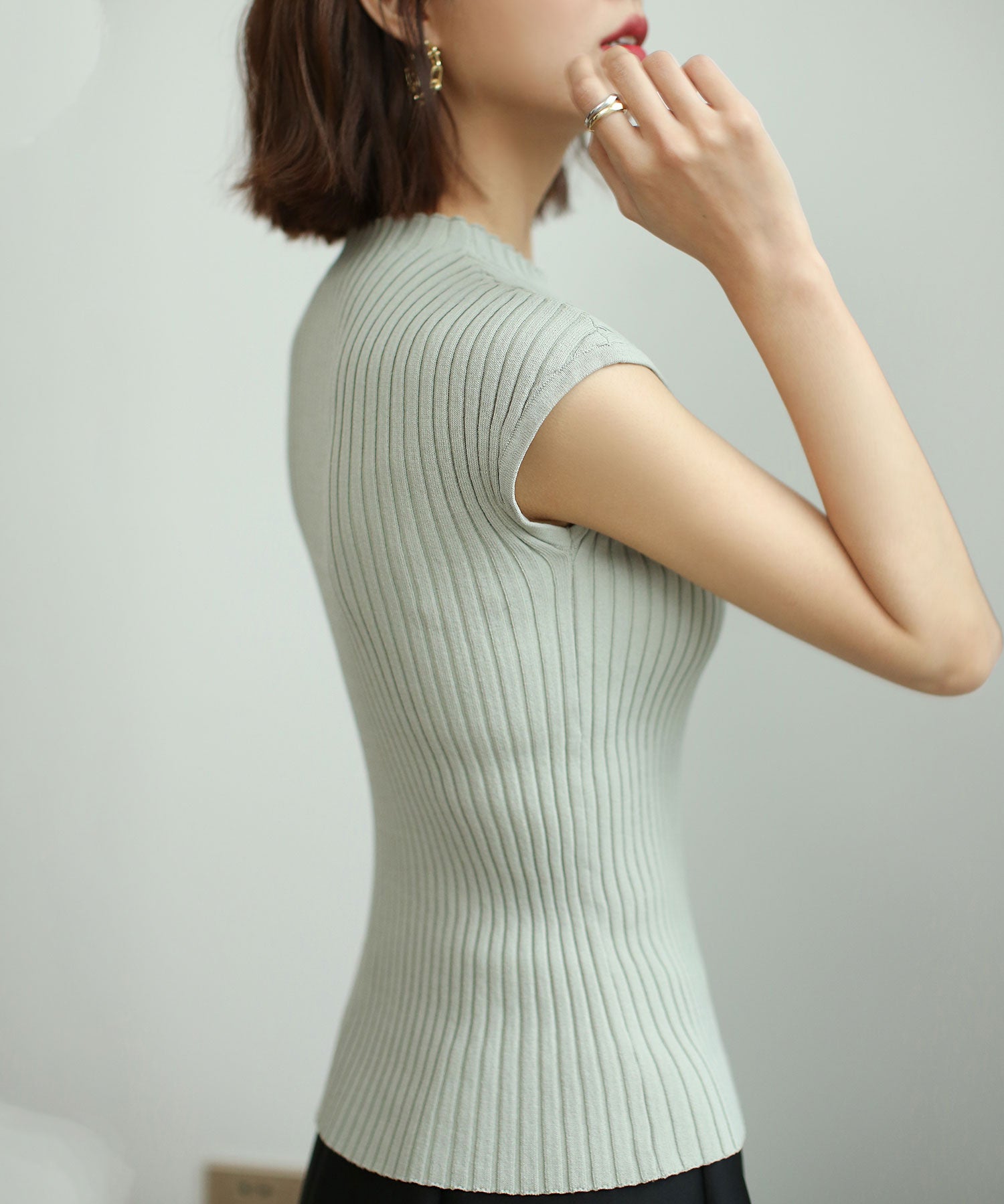 フレンチスリーブリブ切替サマーニットトップスxyf9299 ミント