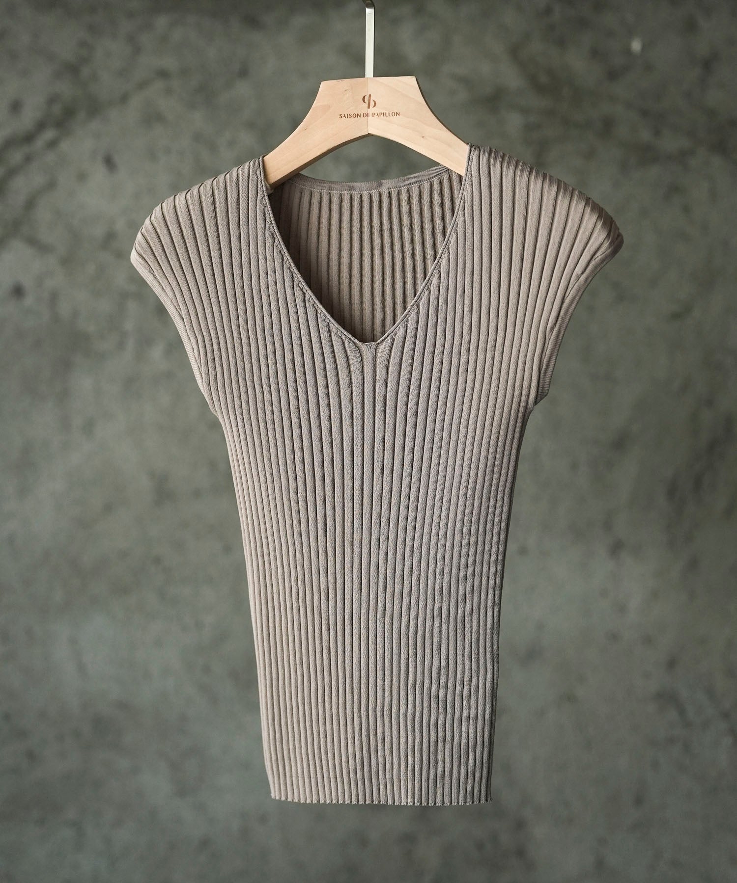 フレンチスリーブリブ切替サマーニットトップスxyf9299 ベージュ系その他