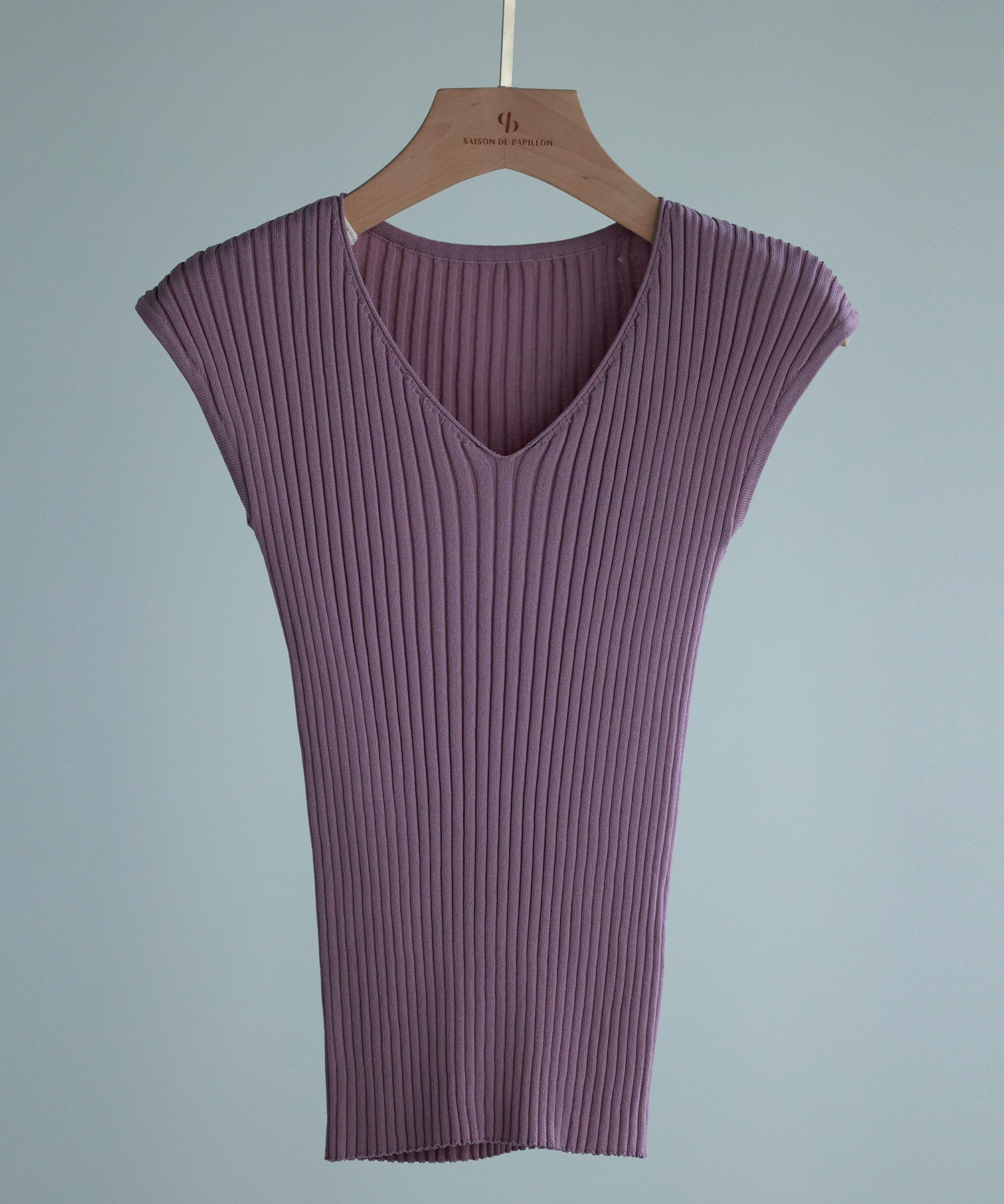 フレンチスリーブリブ切替サマーニットトップスxyf9299 パープル系その他2