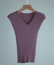 フレンチスリーブリブ切替サマーニットトップスxyf9299 パープル系その他2