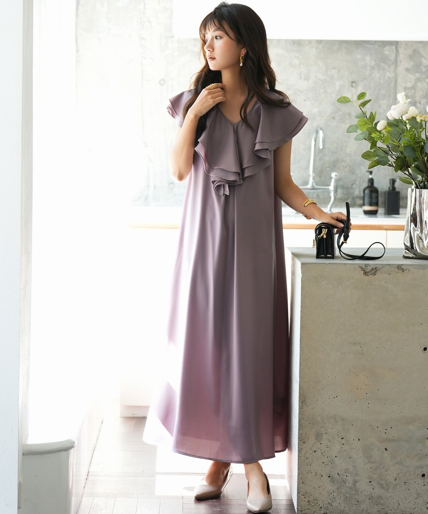 フリルカラーサテンロングワンピースsdp0058 ラベンダー – [公式