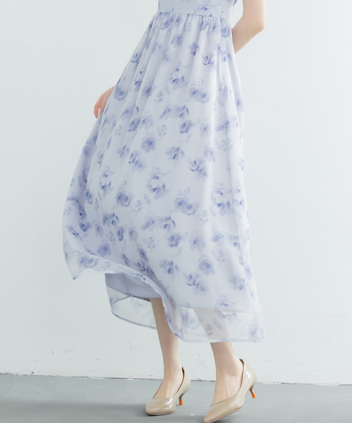 花柄シフォン生地ミモレ丈ワンピース ｜ 全4色 × 3サイズ – [公式