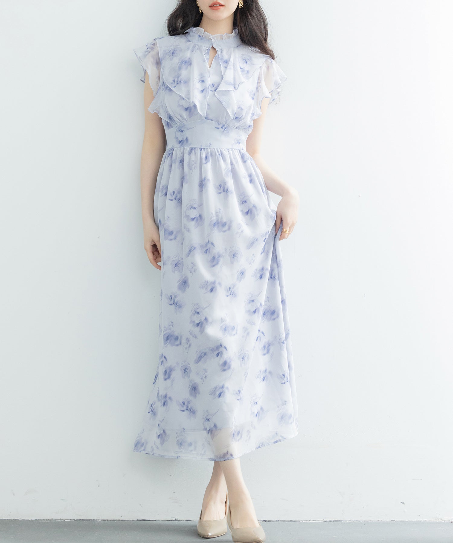 花柄シフォン生地ミモレ丈ワンピース ｜ 全4色 × 3サイズ