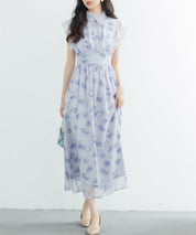 花柄シフォン生地ミモレ丈ワンピースsdp0069b