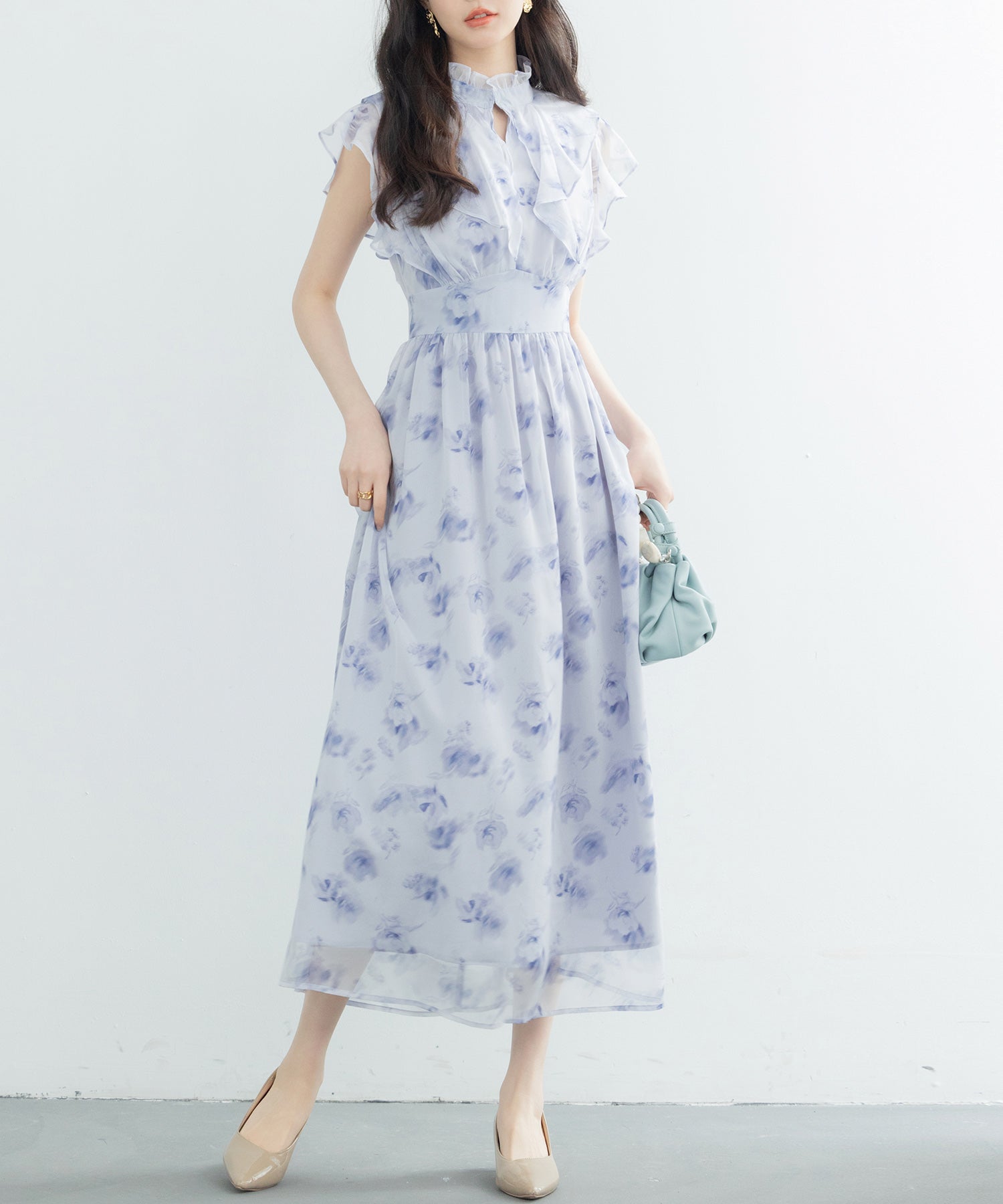 花柄シフォン生地ミモレ丈ワンピース ｜ 全4色 × 3サイズ – [公式