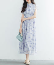 花柄シフォン生地ミモレ丈ワンピースsdp0069b