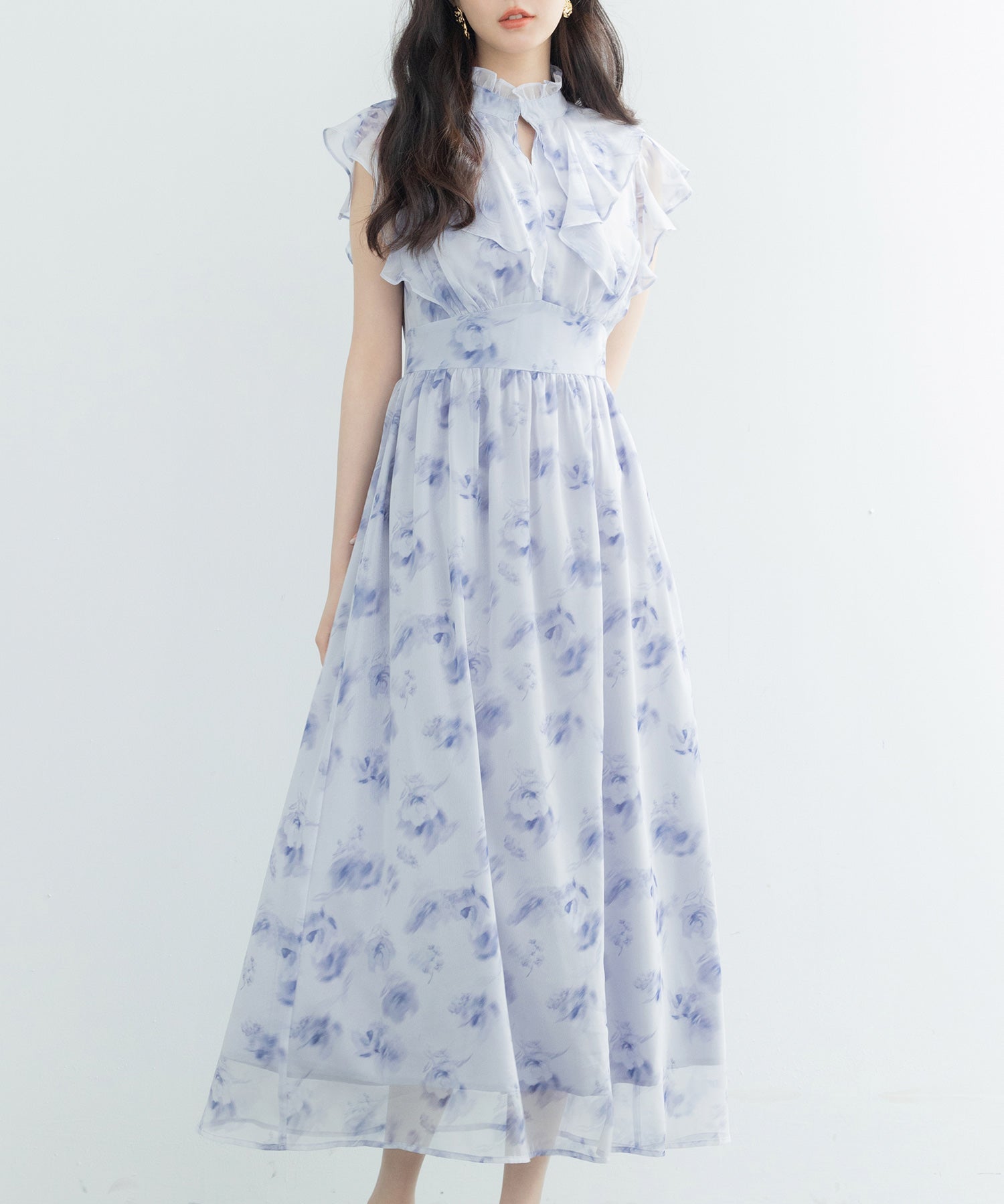 花柄シフォン生地ミモレ丈ワンピースsdp0069b