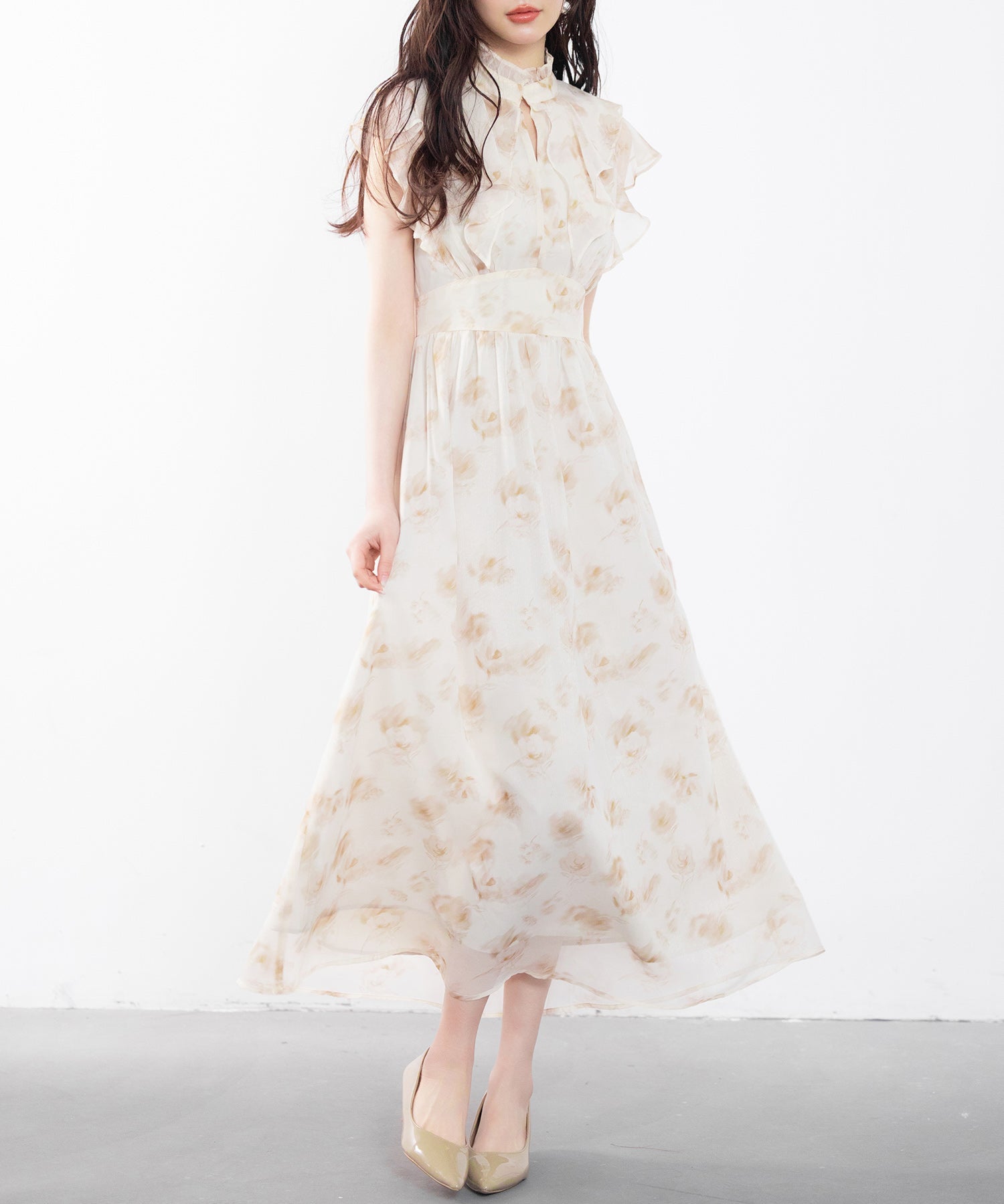 花柄シフォン生地ミモレ丈ワンピースsdp0069b