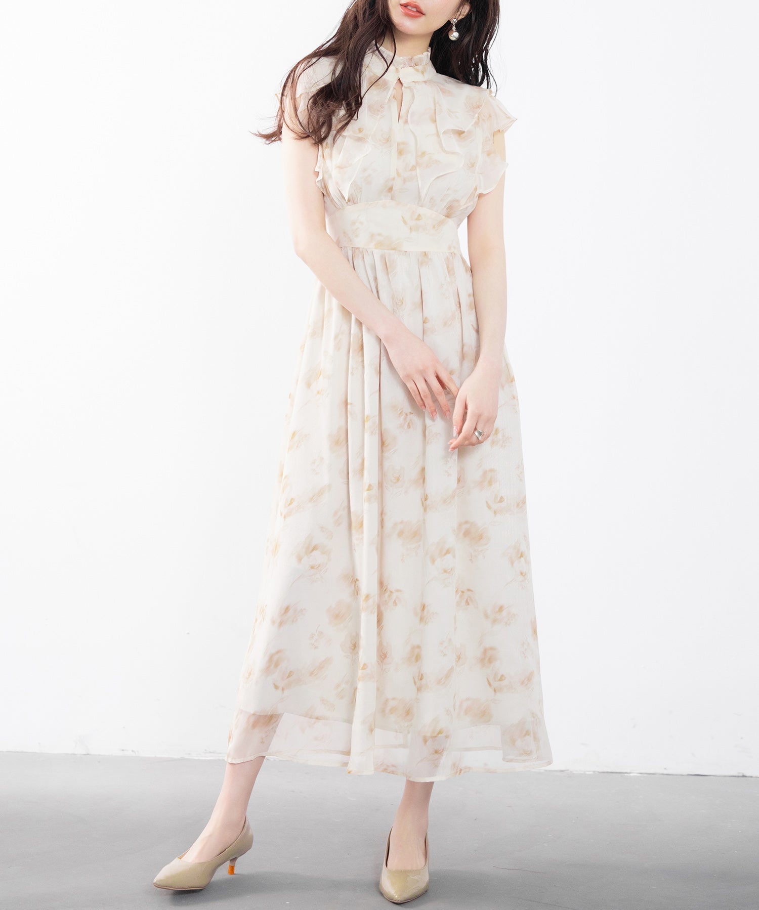 花柄シフォン生地ミモレ丈ワンピースsdp0069b