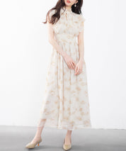 花柄シフォン生地ミモレ丈ワンピースsdp0069b