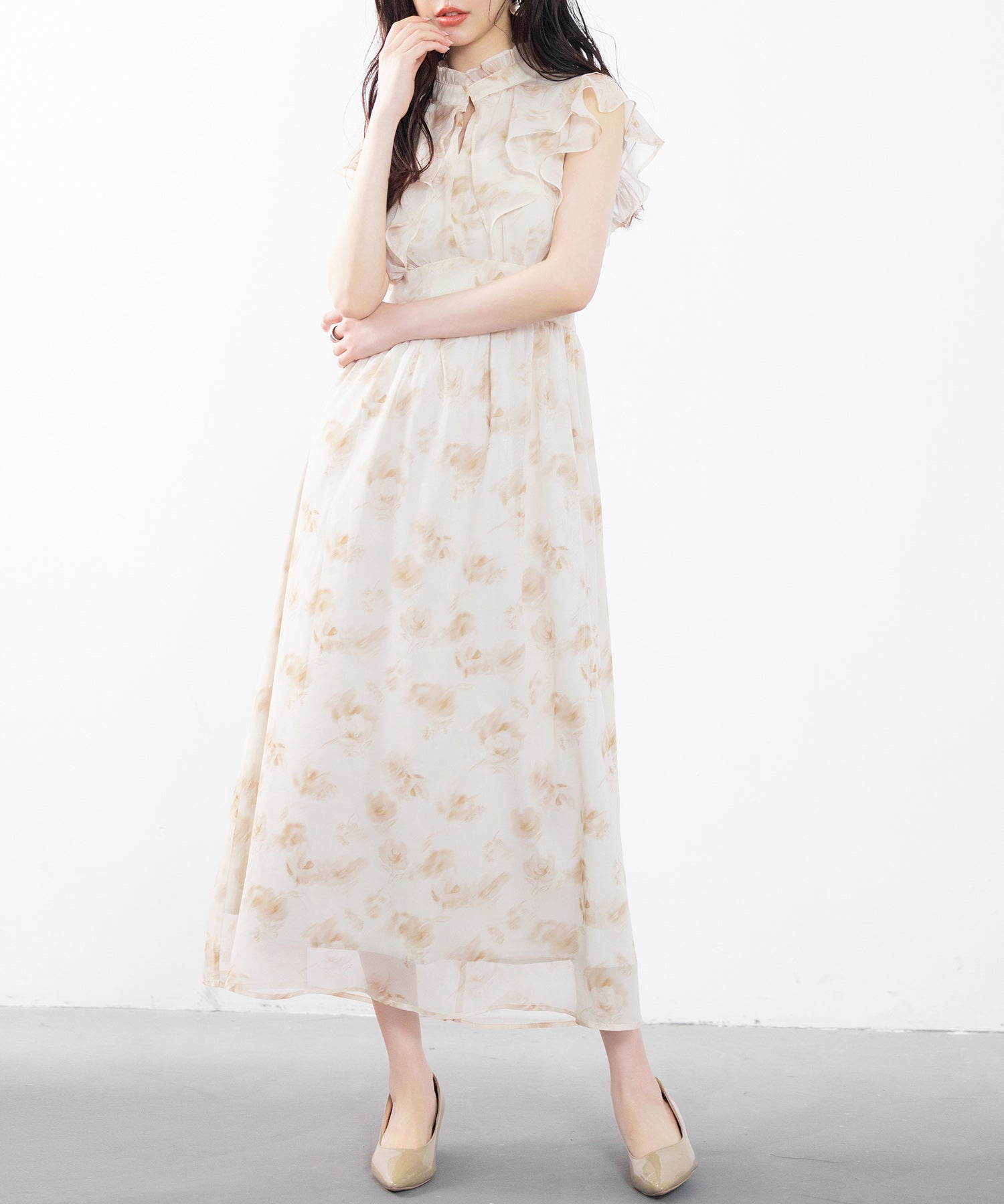 DABUWAWA花柄フレアパフワンピース ミモレ丈 Lace Ladies 小花柄 パフスリーブ ロング丈 フレア ワンピース