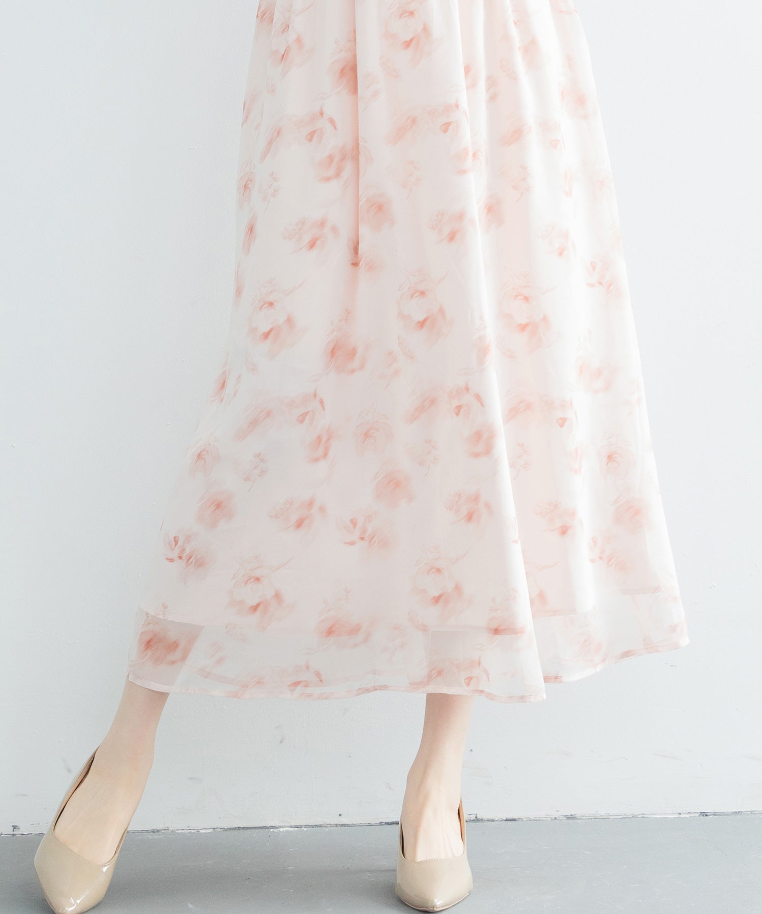 花柄シフォン生地ミモレ丈ワンピースsdp0069b ピンク