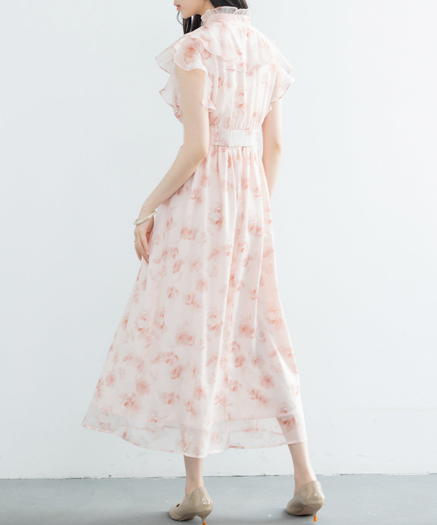 花柄シフォン生地ミモレ丈ワンピースsdp0069b ピンク
