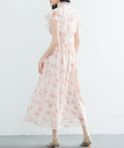 花柄シフォン生地ミモレ丈ワンピースsdp0069b ピンク