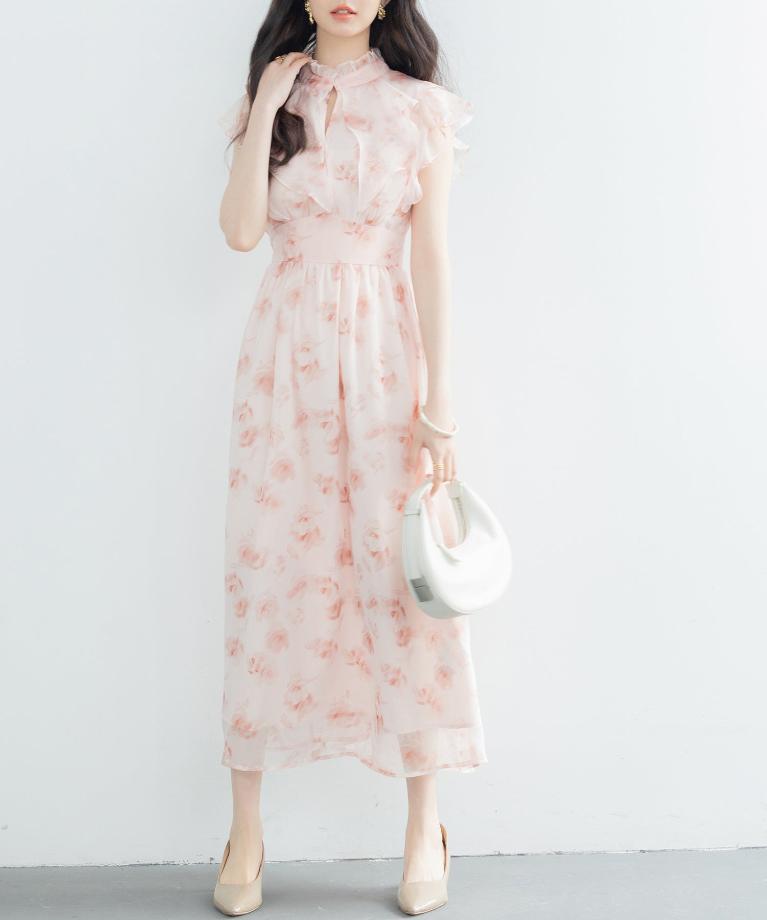 花柄シフォン生地ミモレ丈ワンピースsdp0069b ピンク