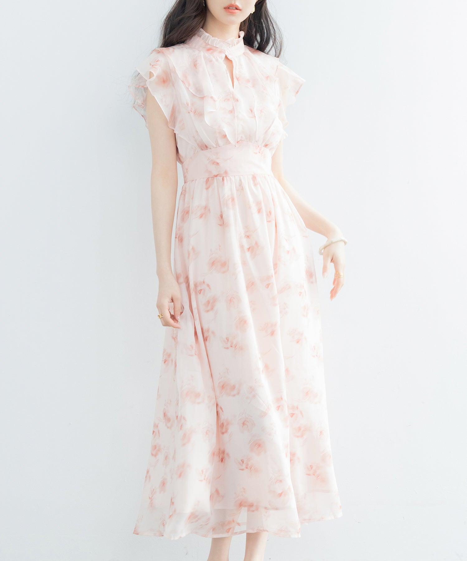 花柄シフォン生地ミモレ丈ワンピースsdp0069b ピンク