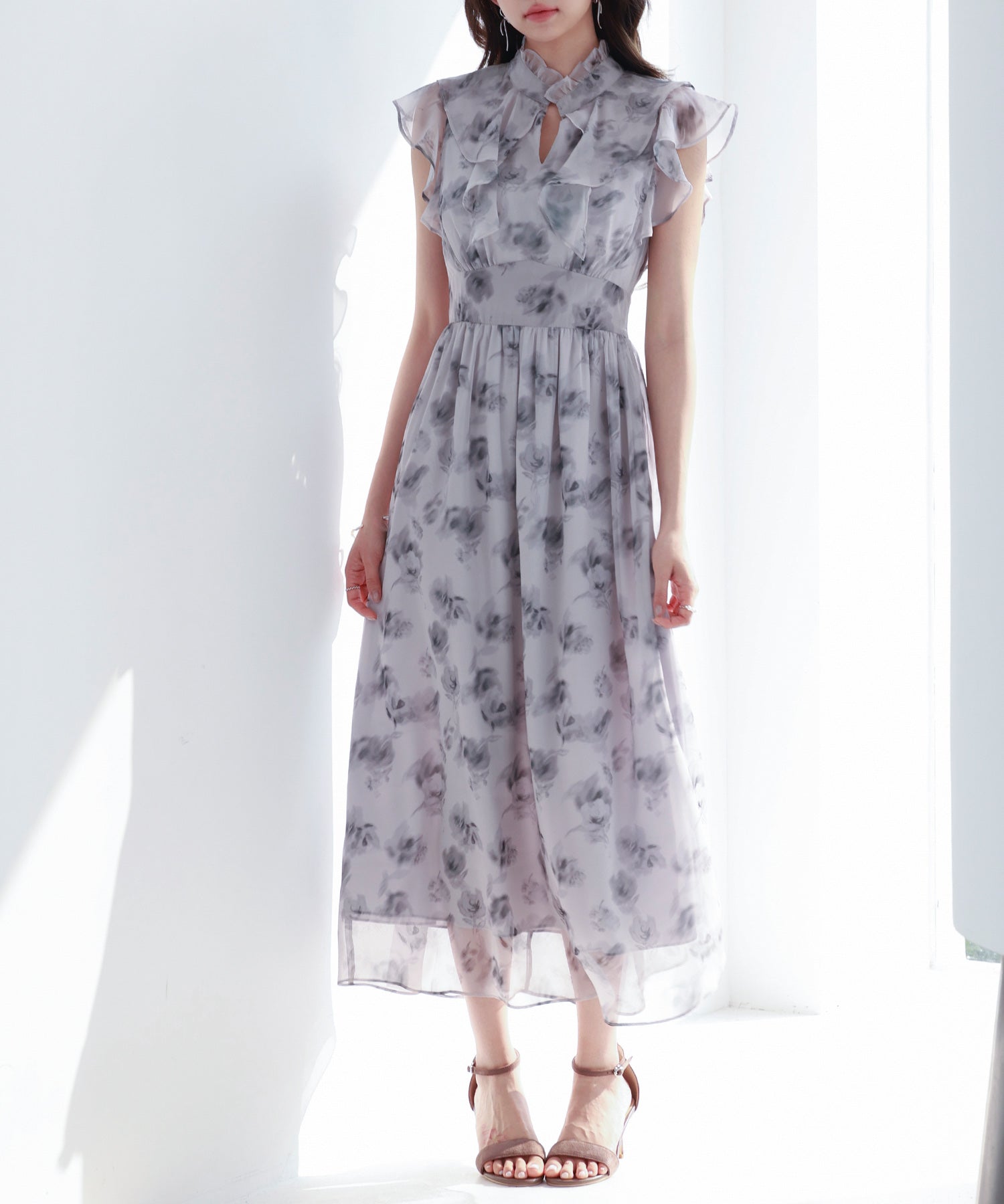 花柄シフォン生地ミモレ丈ワンピース ｜ 全4色 × 3サイズ