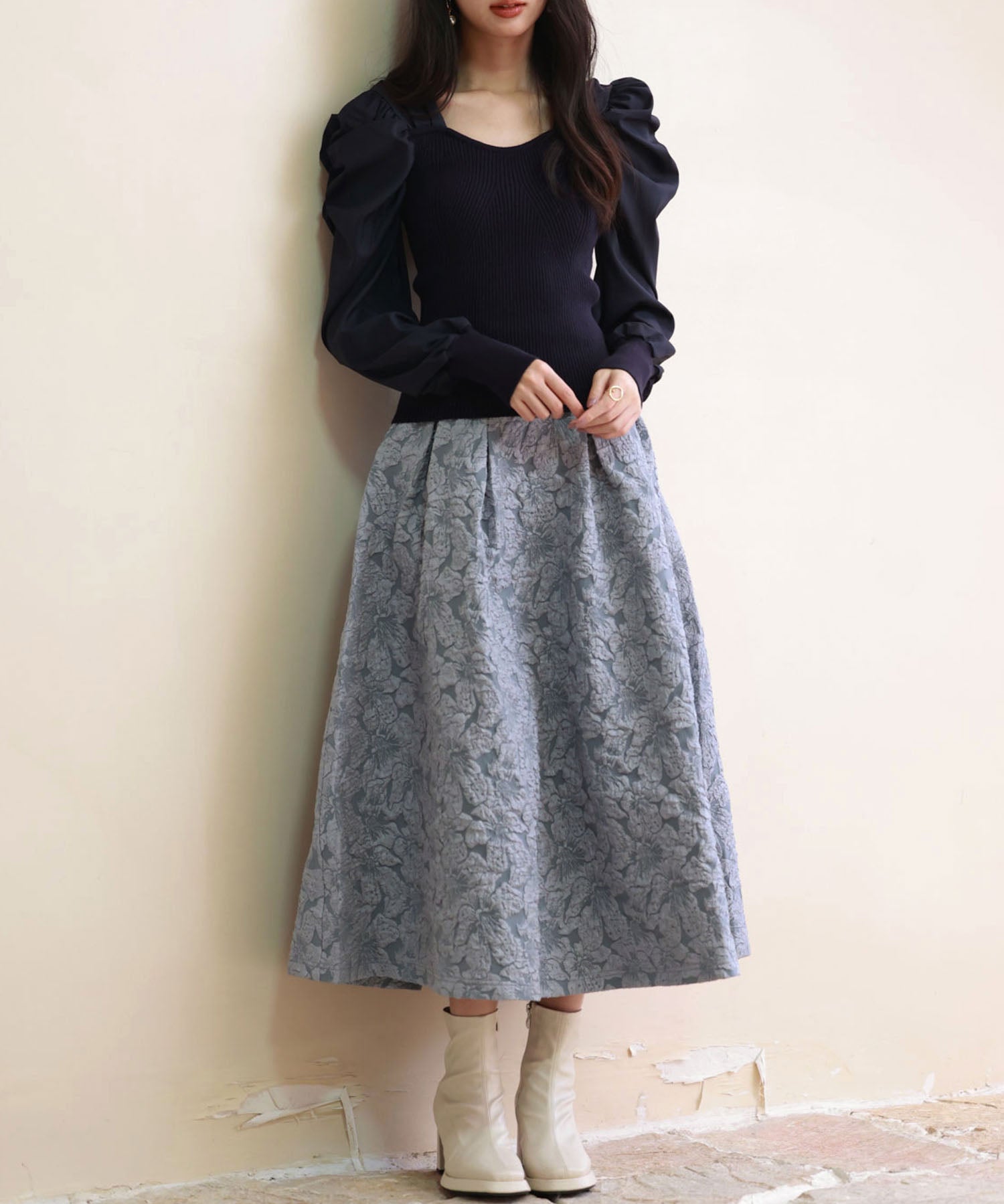 フクレジャガードフレアハイウエストスカートsdp0118 ブルーグレー