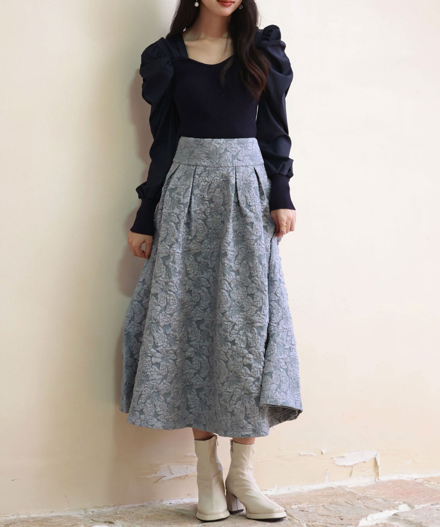 フクレジャガードフレアハイウエストスカートsdp0118 ブルーグレー