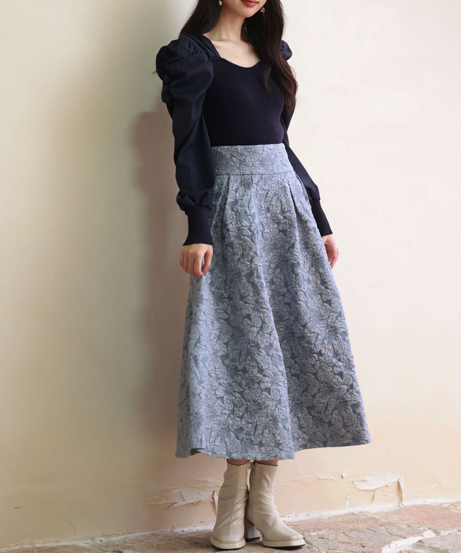フクレジャガードフレアハイウエストスカートsdp0118 ブルーグレー