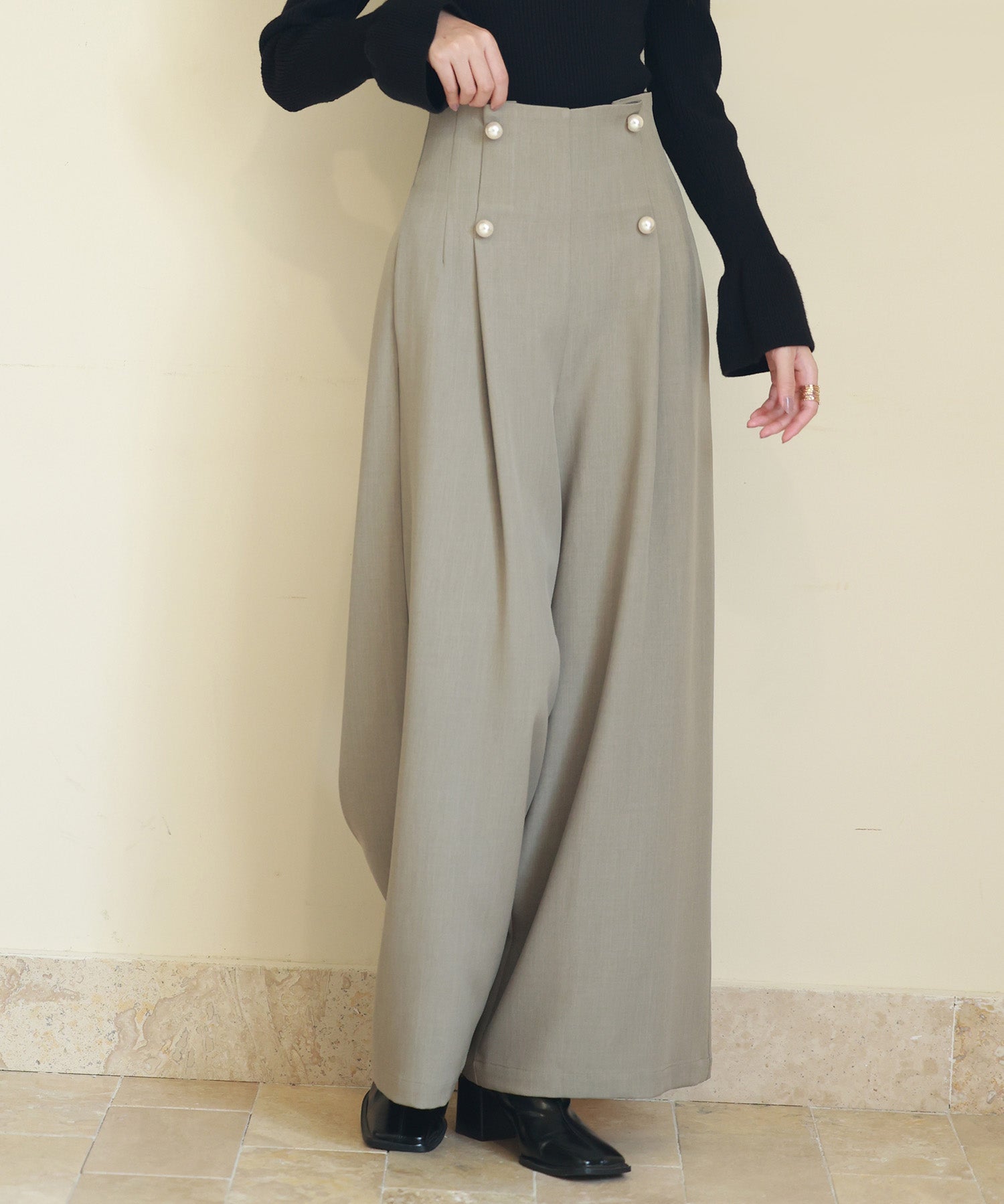 パール飾りハイウエストワイドパンツ ｜ 全3色 × 3サイズ