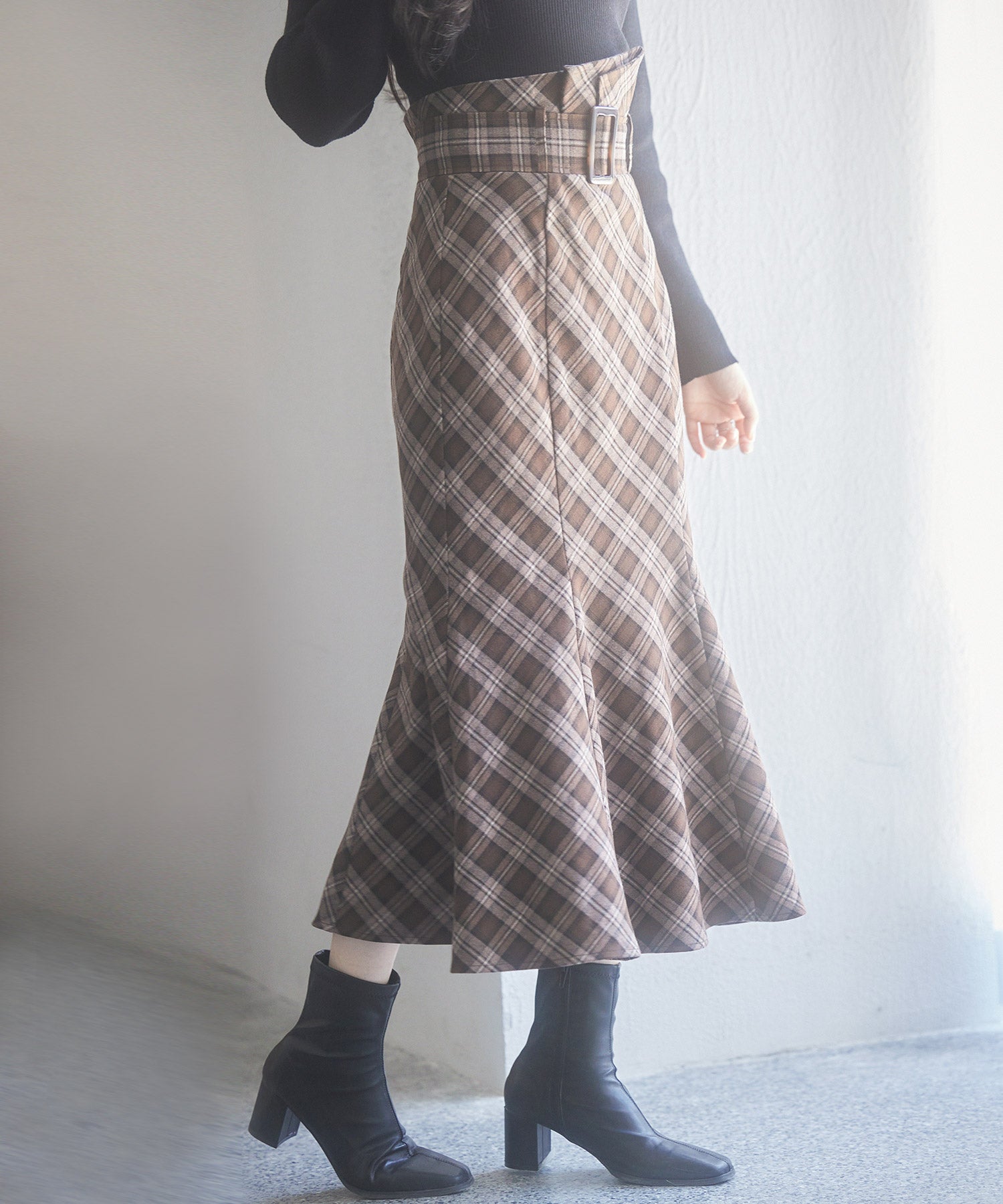 配色チェック柄ハイウエストスカートsdp0197b ブラウン – [公式]SAISON