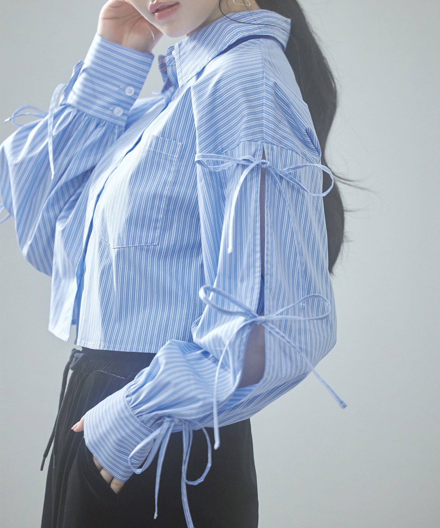 袖リボンショート丈ストライプシャツsdp0232 ブルー – [公式]SAISON DE