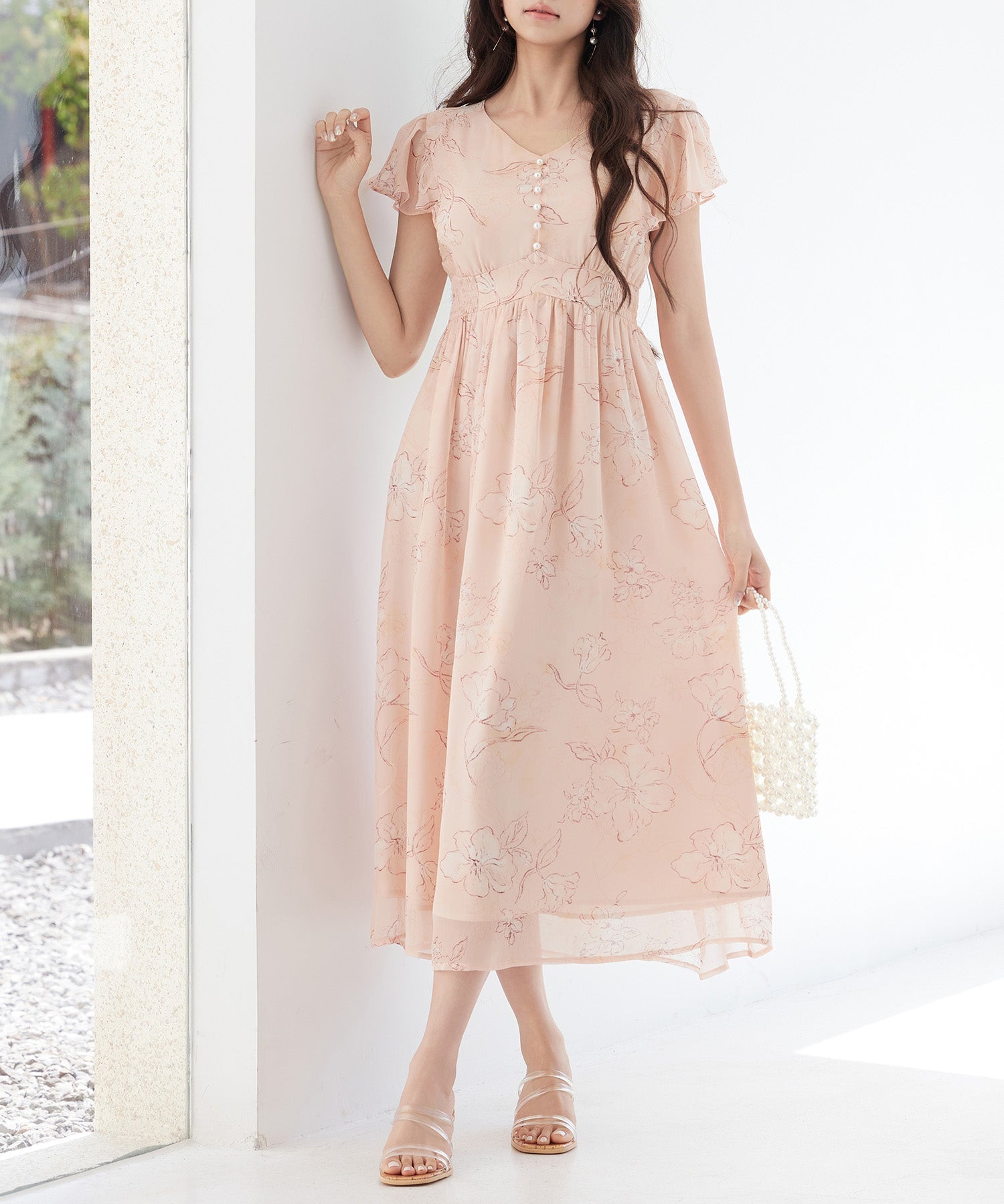 ふんわり花柄シフォンロングワンピース ｜ 全2色 × 3サイズ