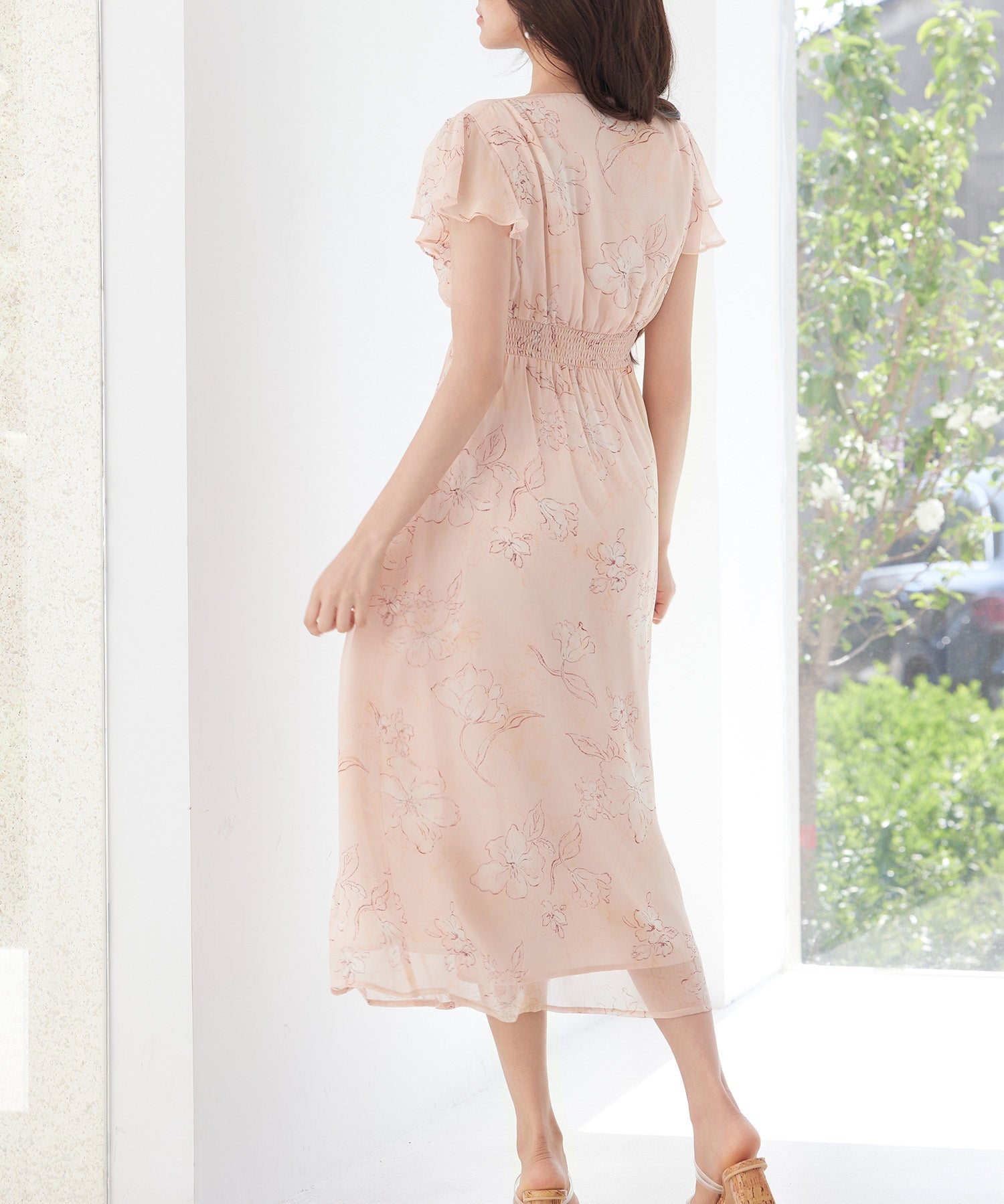 ふんわり花柄シフォンロングワンピース ｜ 全2色 × 3サイズ