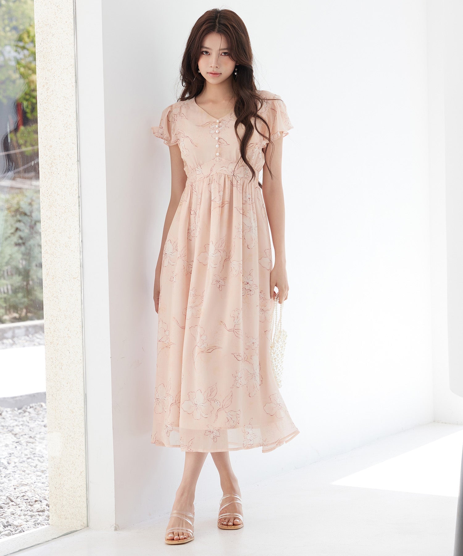 ふんわり花柄シフォンロングワンピース ｜ 全2色 × 3サイズ