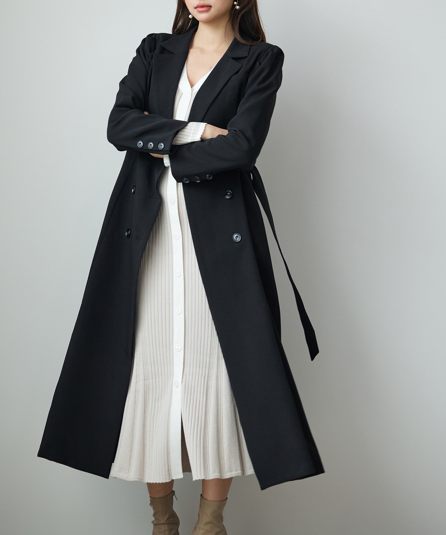 テーラードダブルブレストロングトレンチコートsdp0316 ブラック