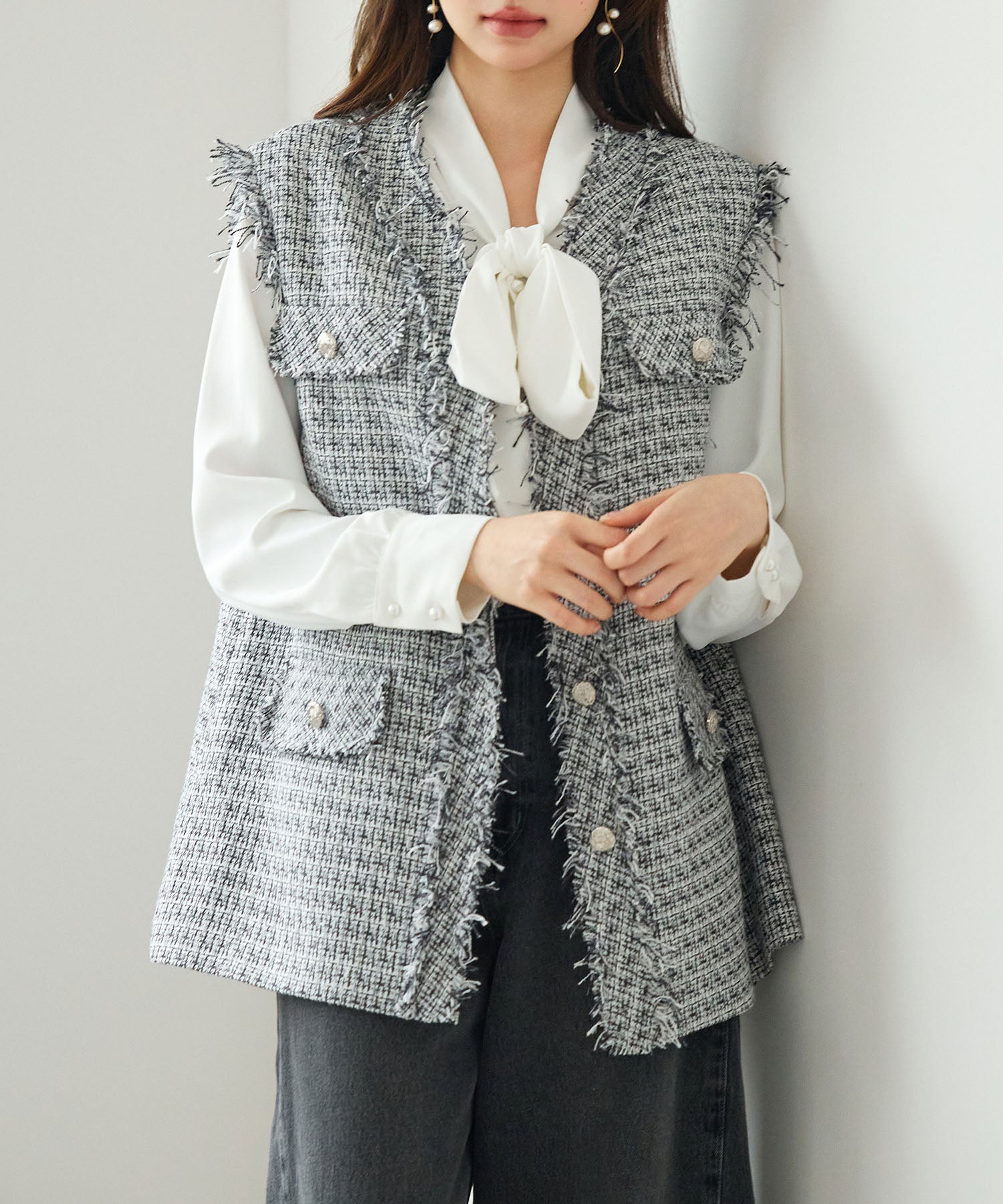 ツイードフリンジロングベストsdp0324 ホワイト – [公式]SAISON