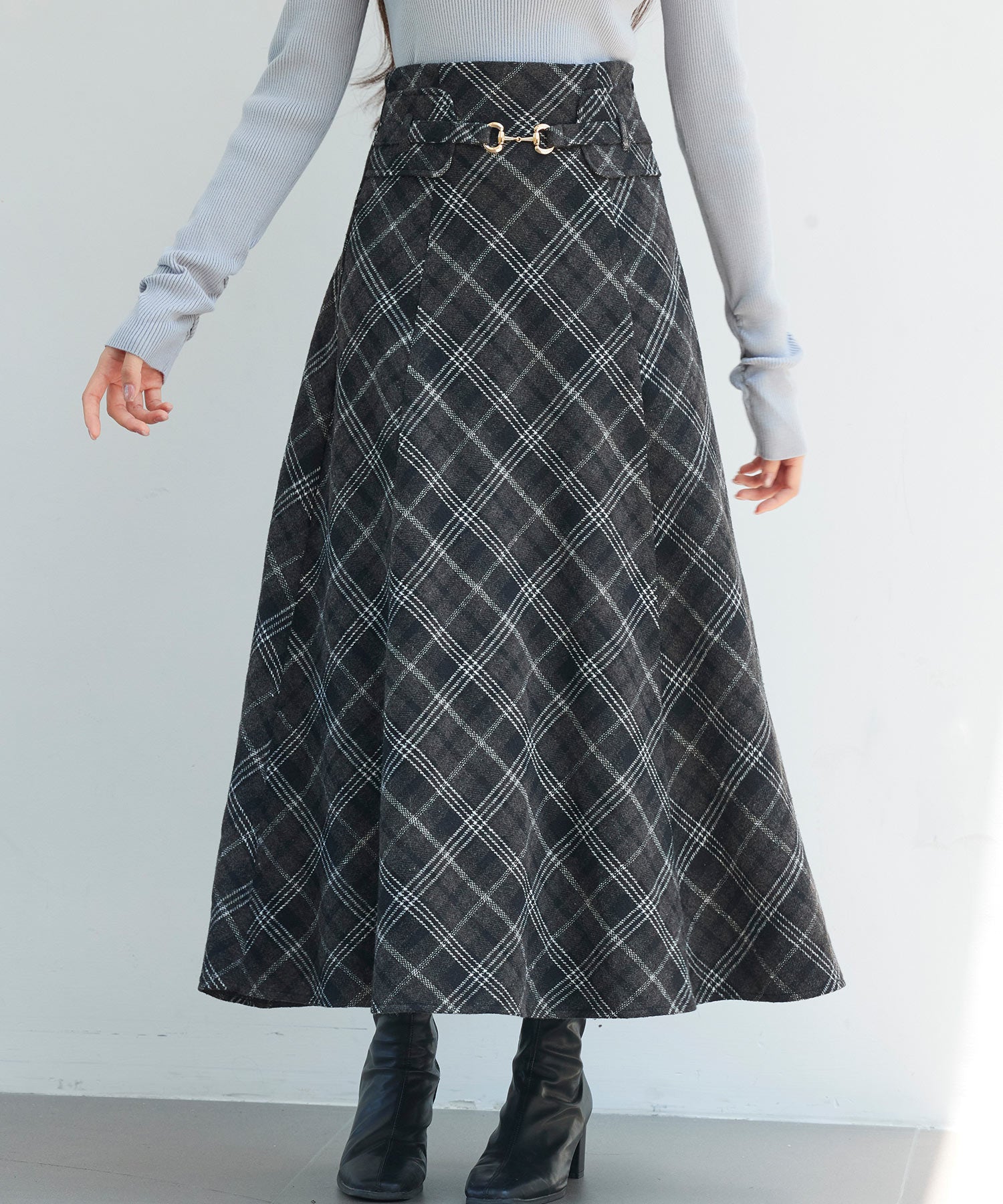 チェック柄ハイウェイトロング丈スカートsdp0326 ブラック – [公式