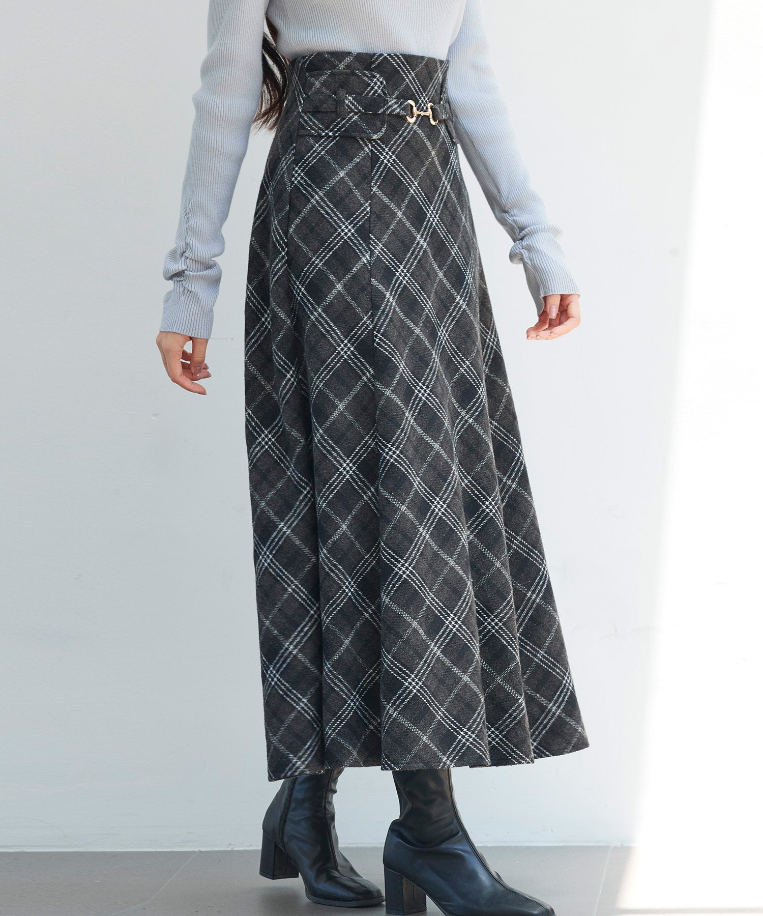 チェック柄ハイウェイトロング丈スカートsdp0326 ブラック – [公式