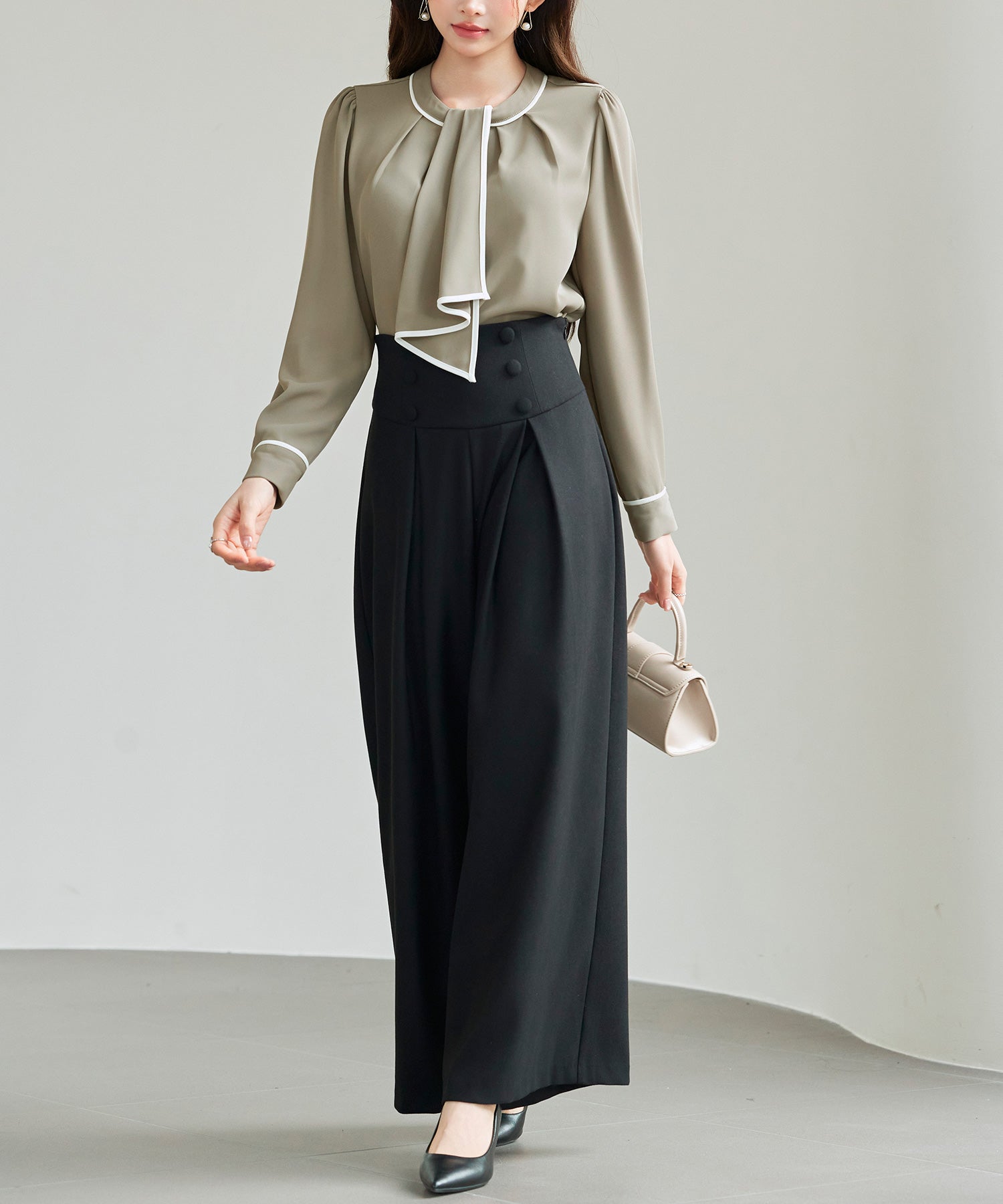 首元2wayボウタイ配色ブラウスsdp0328 カーキ – [公式]SAISON DE