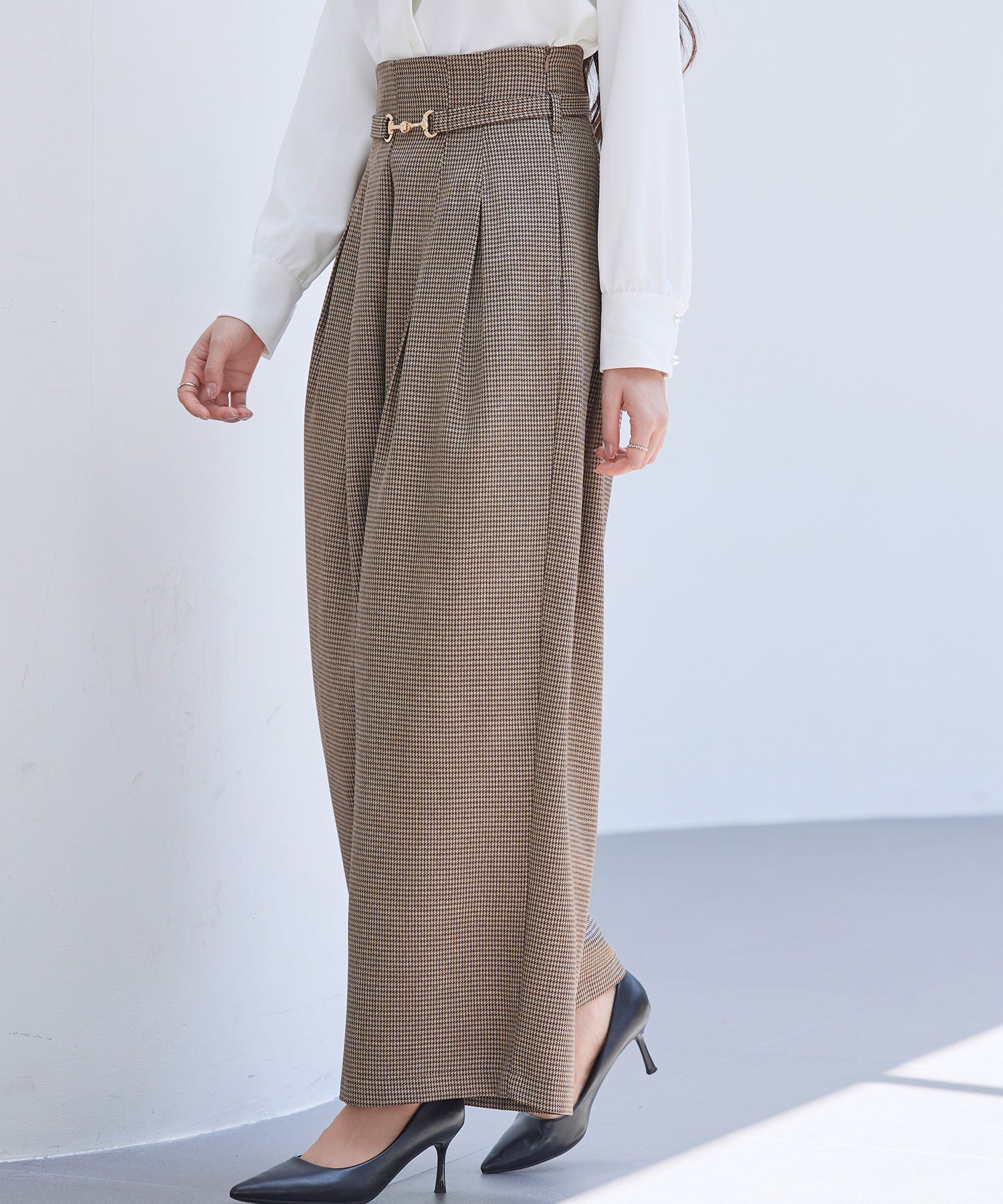 DAKS ガウチョパンツ ウエストリボン付き　ブラウン系　チェック グレンチェックのハイウエストドカンパンツ ｜ 全2色 × 3サイズ