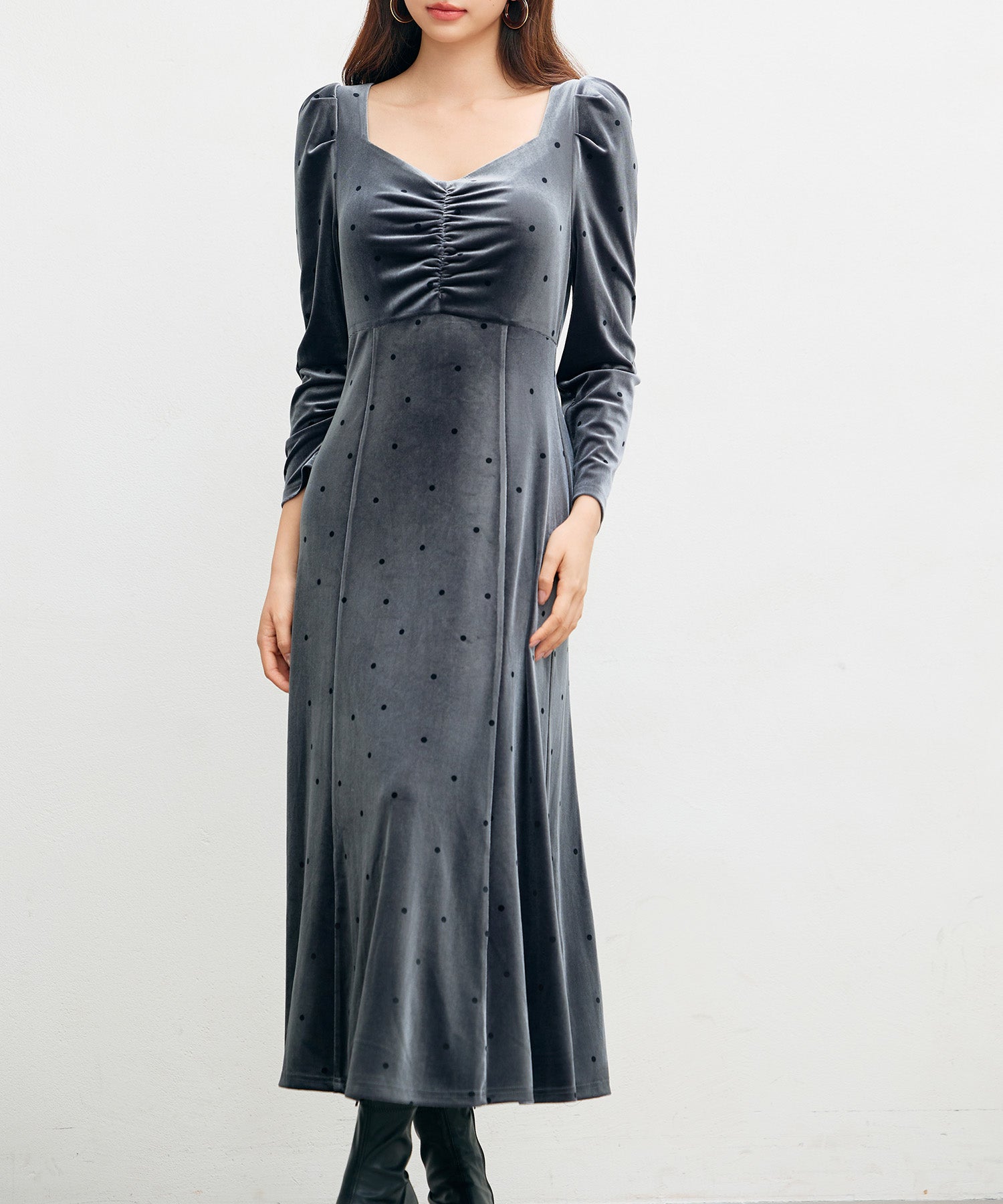 ドットプリントベロアロングワンピースsdp0340 チャコール – [公式