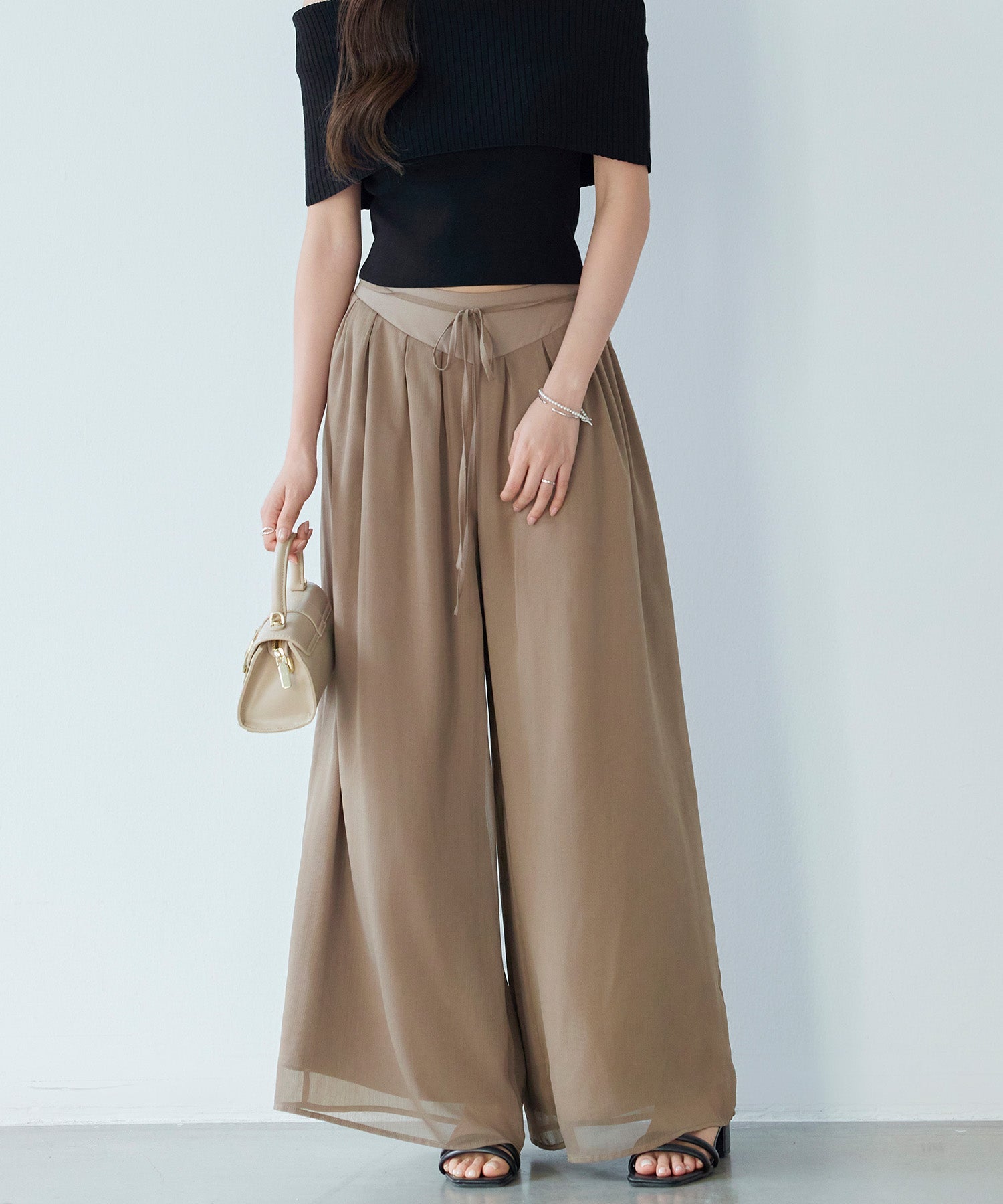 リボン付きシワ加工ワイドパンツ ｜ 全4色 × 3サイズ