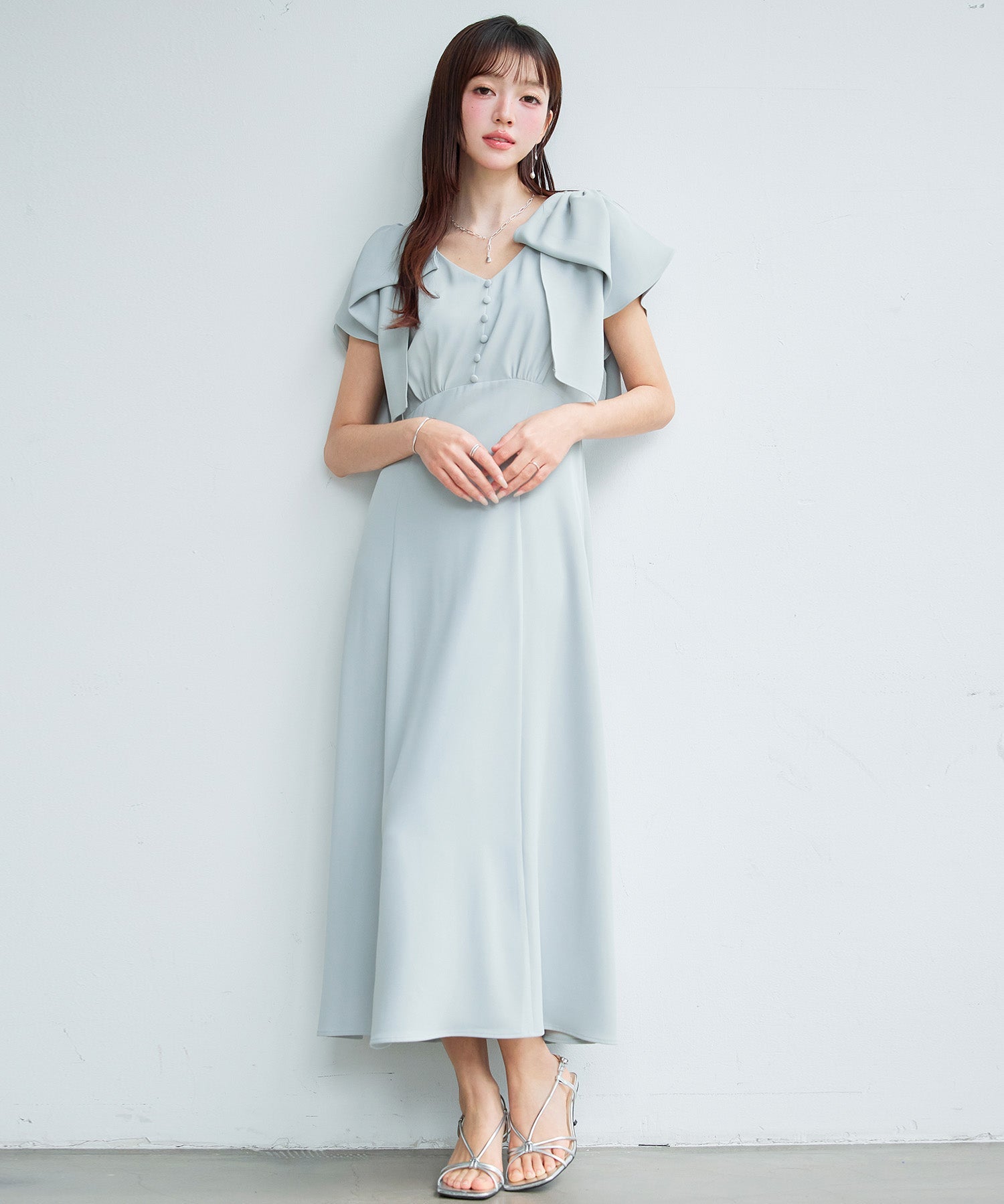 ビッグリボンショルダーロングワンピース ｜ 全3色 × 3サイズ