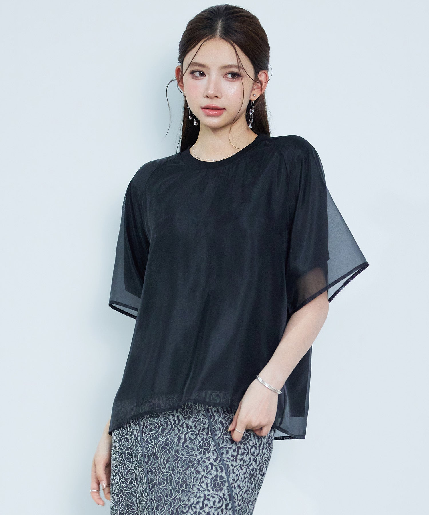 異素材ラグランスリーブTシャツブラウス ｜ 全3色 × 3サイズ