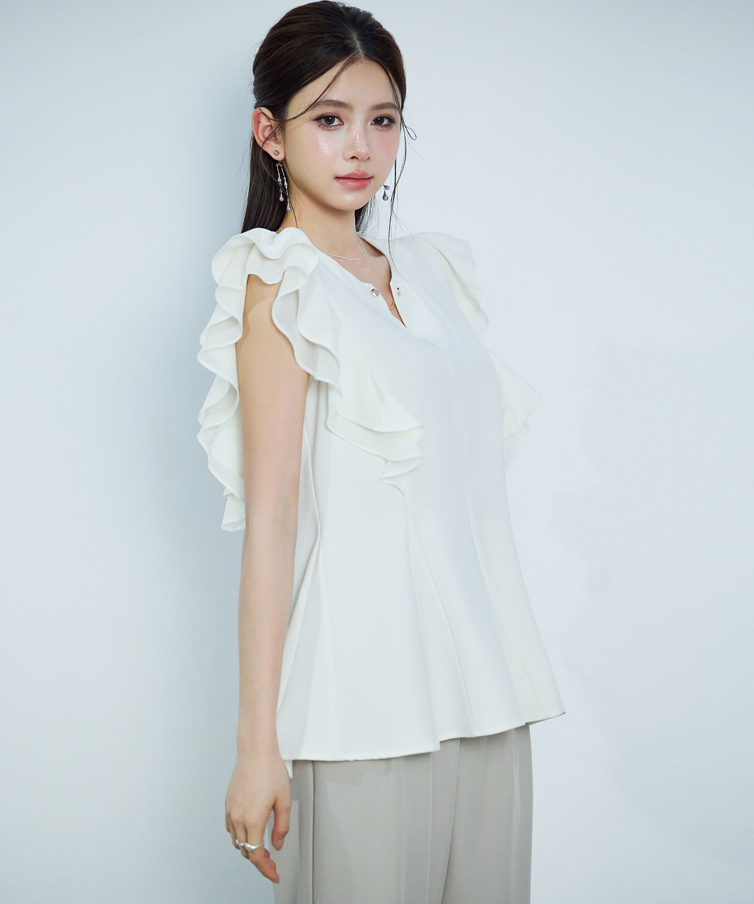 ダブルフリルキーネックブラウスsdp0394 アイボリー