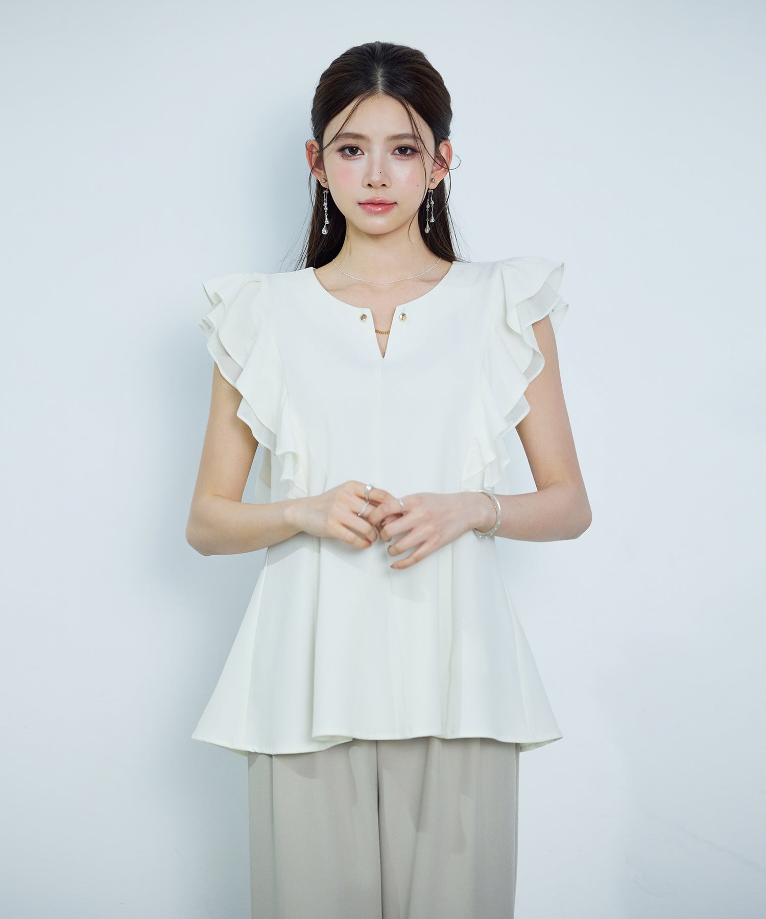 ダブルフリルキーネックブラウスsdp0394 アイボリー