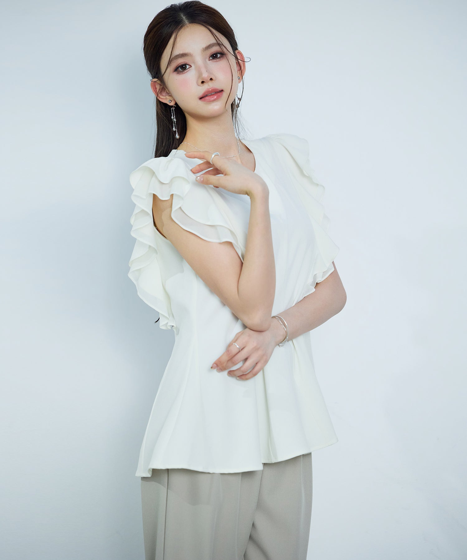 ダブルフリルキーネックブラウスsdp0394 アイボリー
