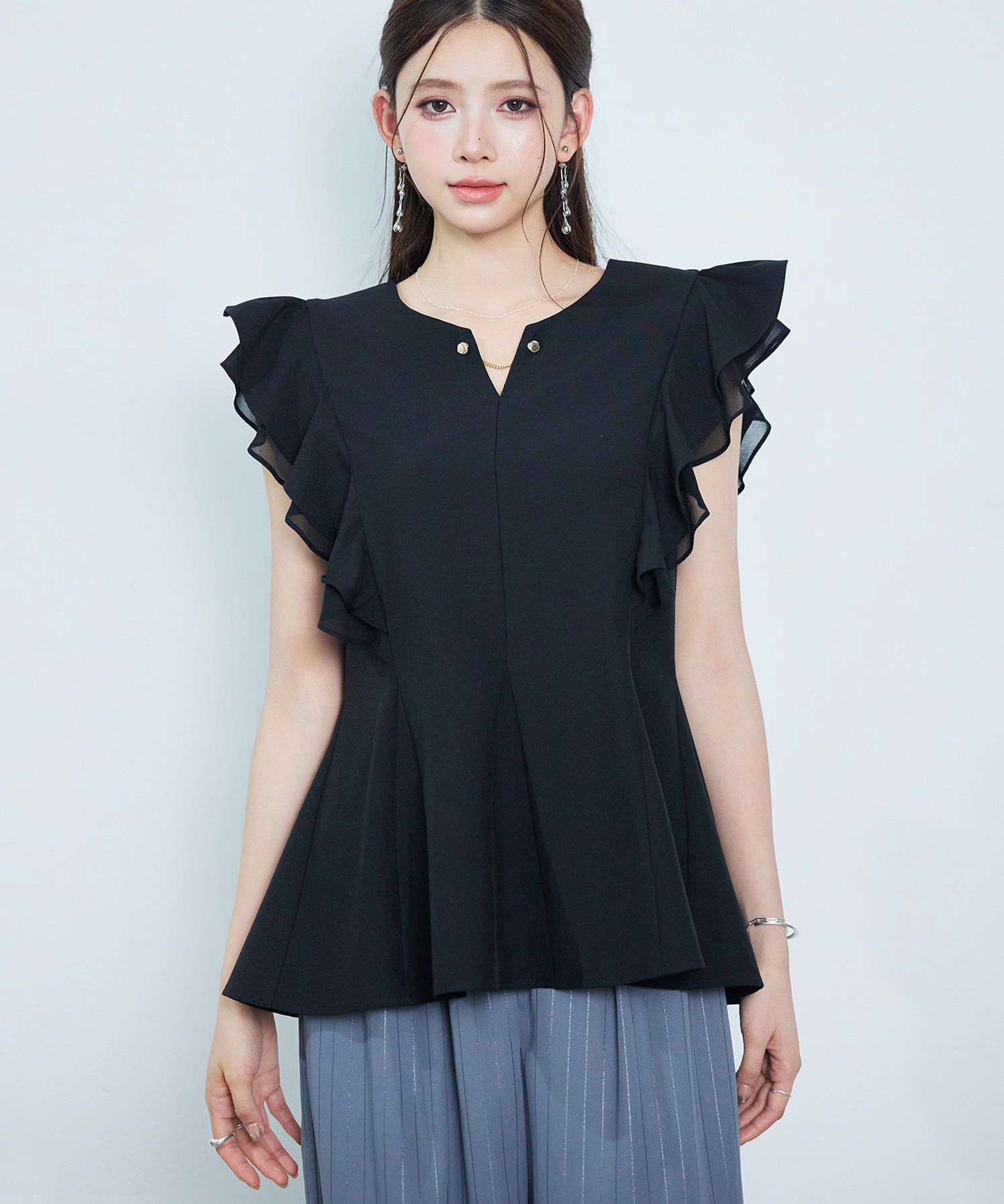 ダブルフリルキーネックブラウスsdp0394 ブラック