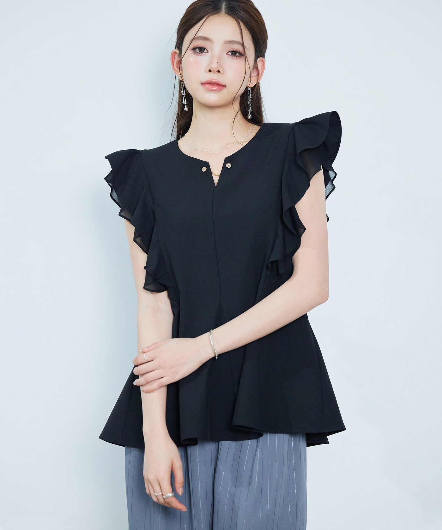 ダブルフリルキーネックブラウスsdp0394 ブラック