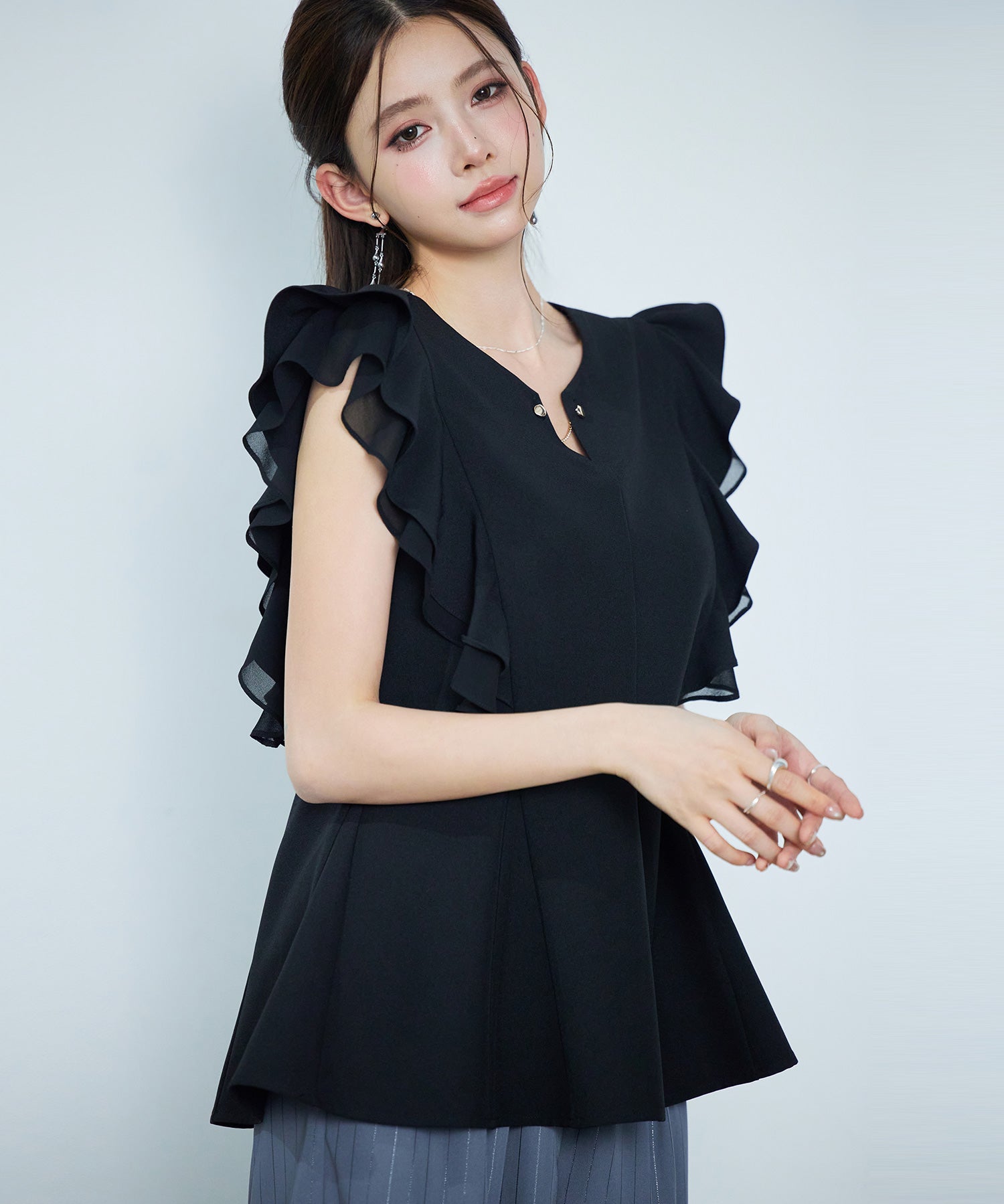 ダブルフリルキーネックブラウスsdp0394 ブラック