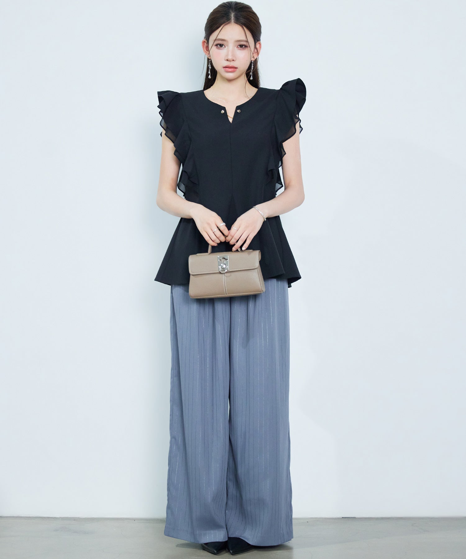 ダブルフリルキーネックブラウスsdp0394 ブラック