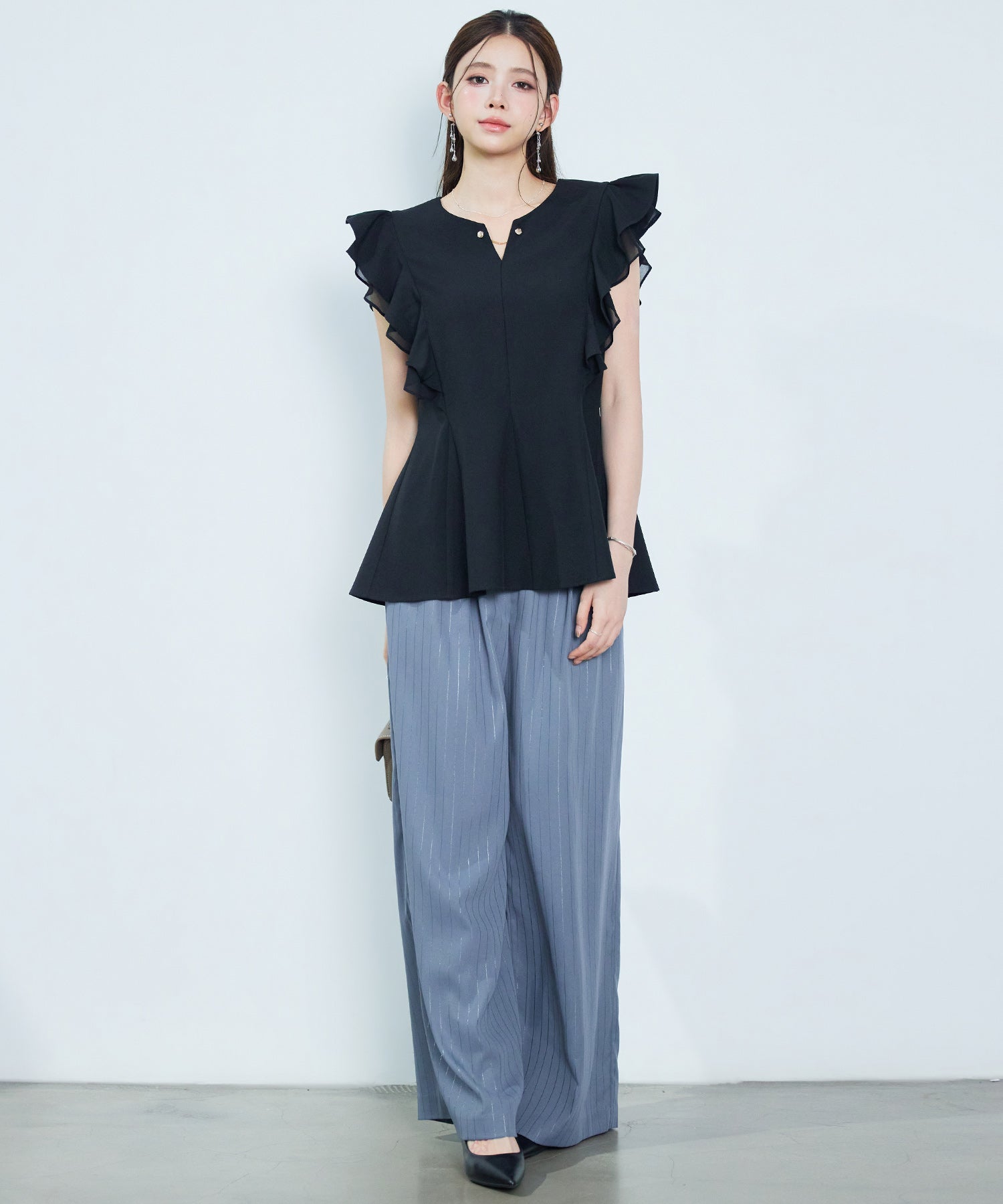 ダブルフリルキーネックブラウスsdp0394 ブラック